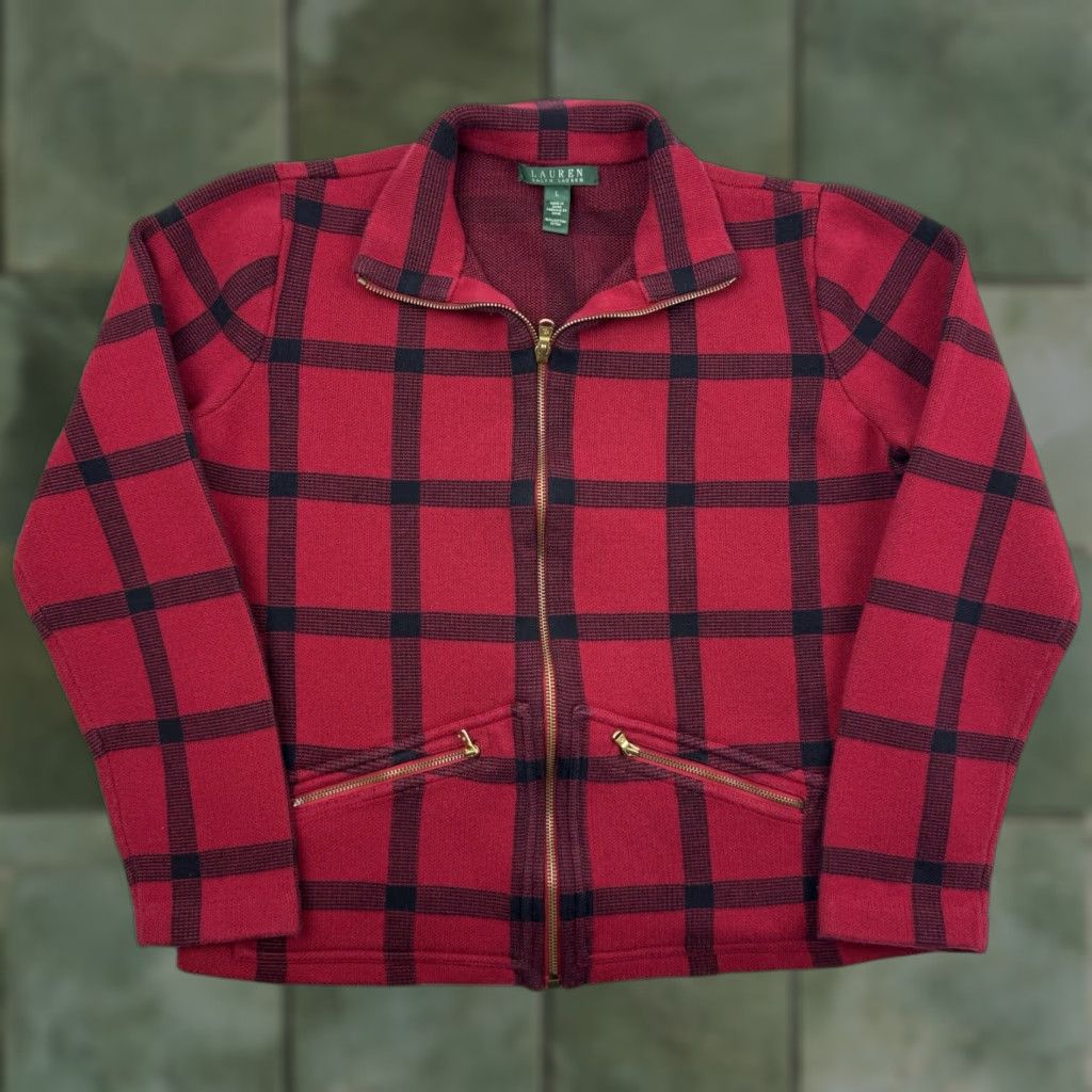 Ralph Lauren VINTAGE Ralph Lauren Jacket Womens Large Plaid Full Zip Collar Sweatshirt Size L / US 10 / IT 46 - 1 Thumbnail