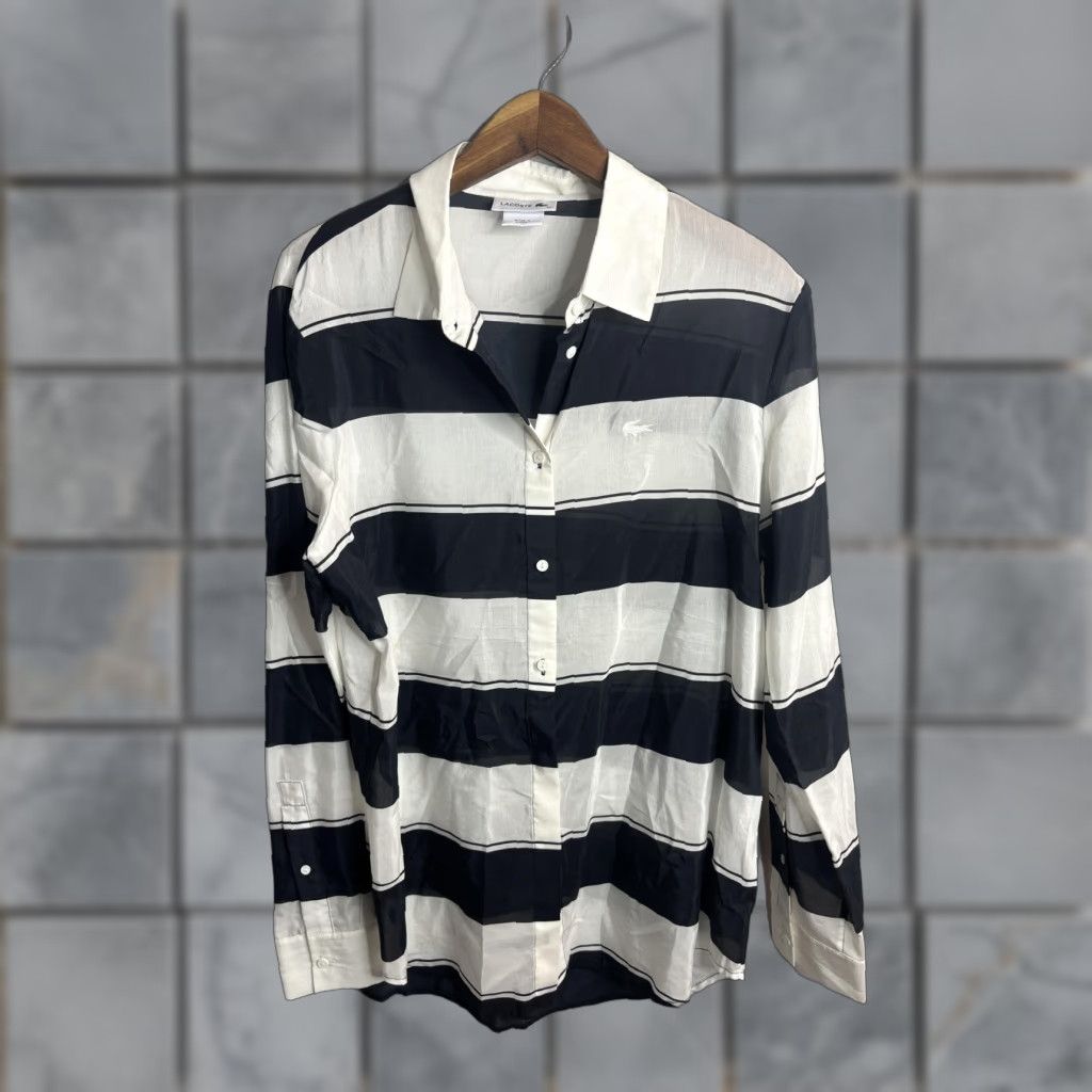 Lacoste Lacoste Shirt Mens Large Black White Striped Silk Blend Button Down CF1961 Size US XL / EU 56 / 4 - 1 Thumbnail