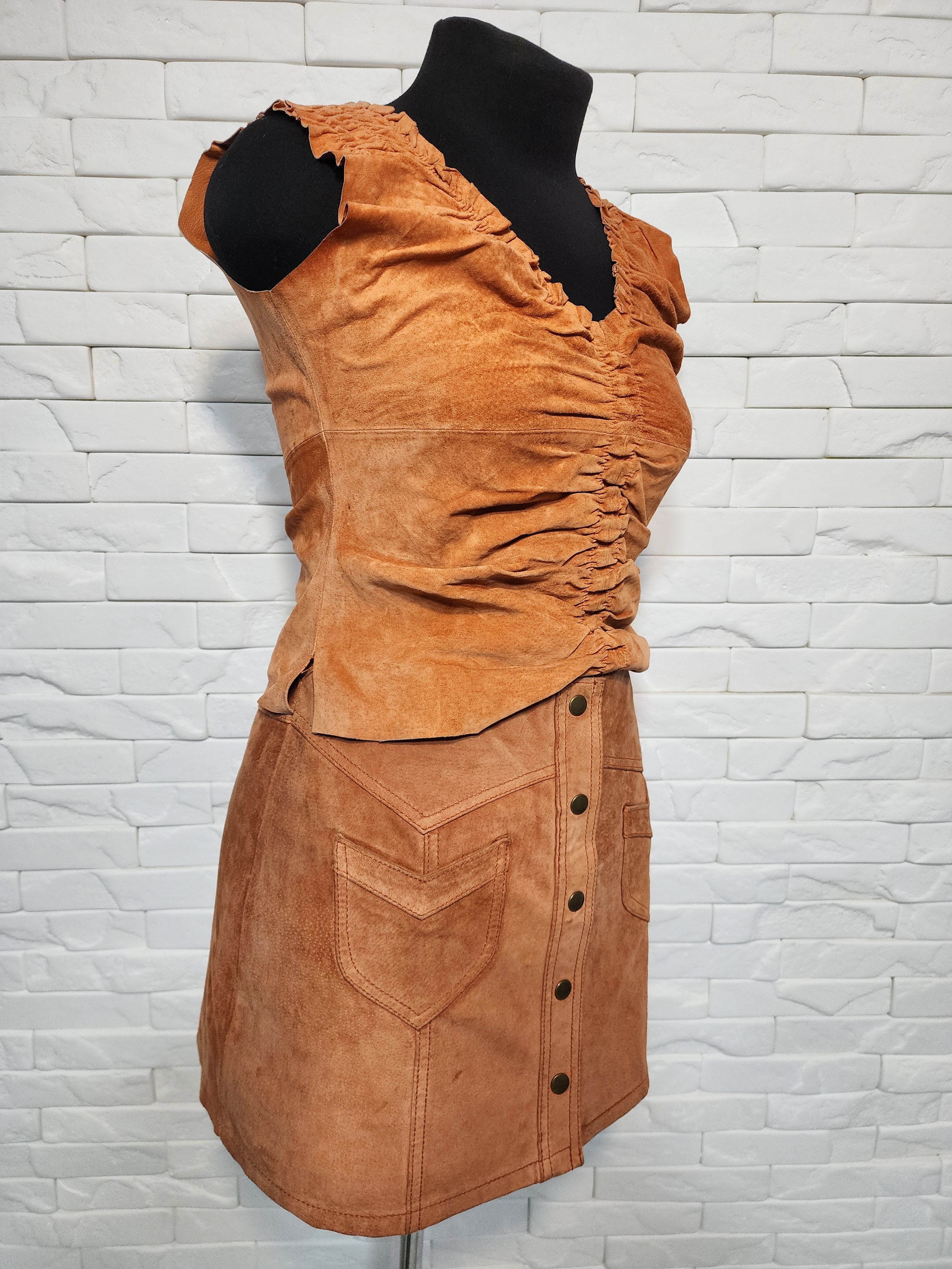 Genuine Leather Vintage Brown Leather Suit: Suede Vest & Skirt Size 29" - 1 Thumbnail