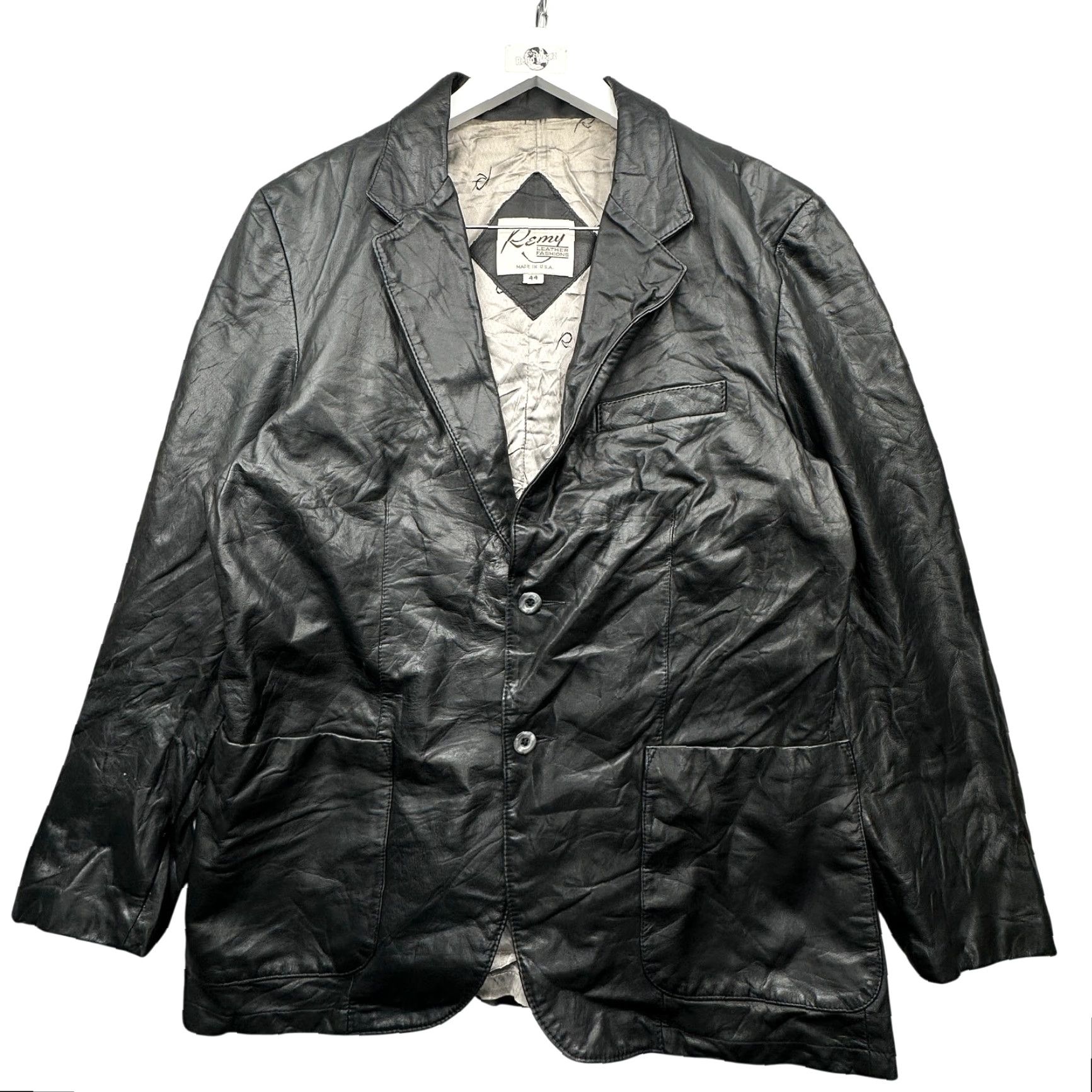 Vintage VINTAGE Remy Leather Blazer Sport Coat Mens 44 Large Black Lined Two Button Coat Mens Size 44R - 2 Thumbnail