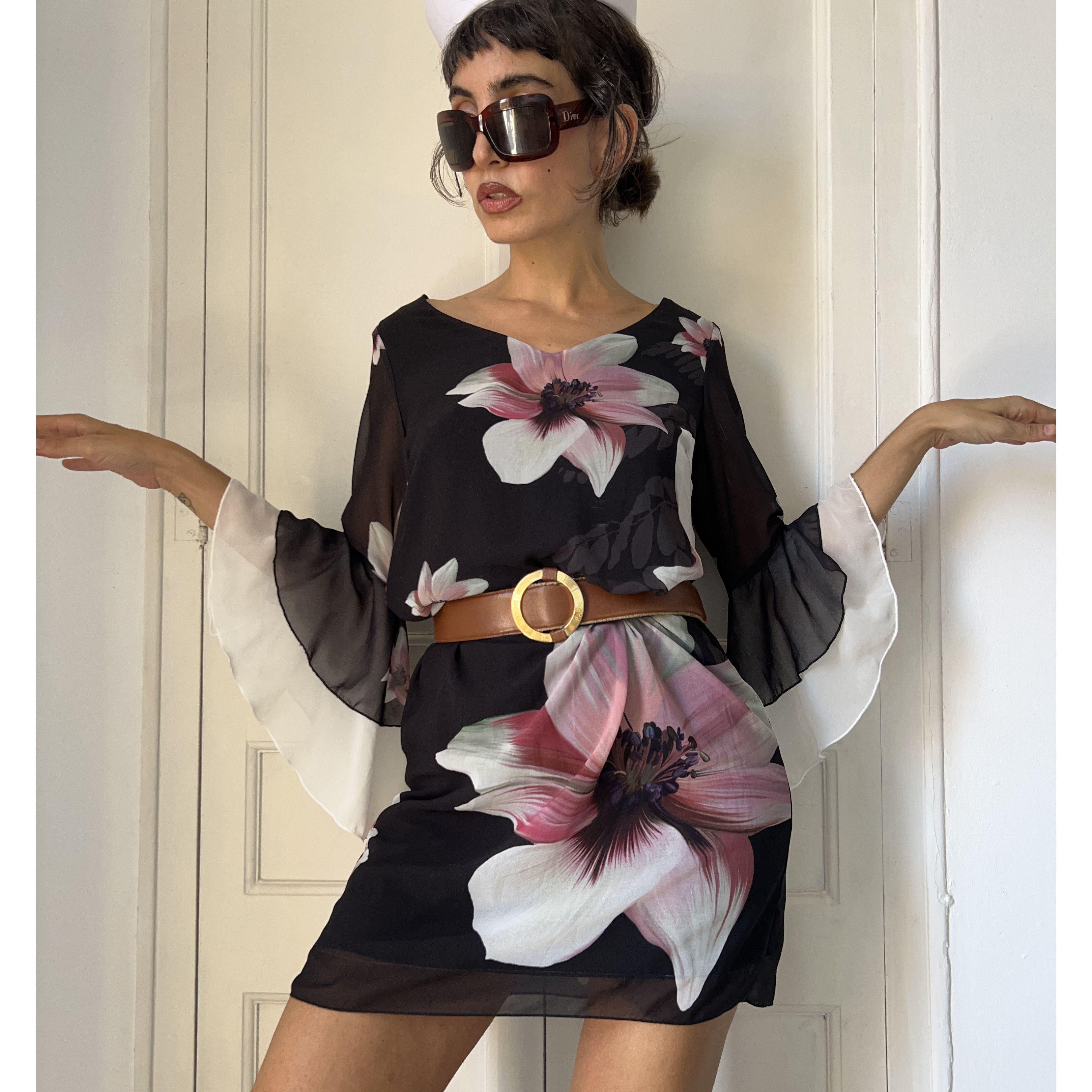 Vintage Vintage y2k ruffle sleeves black floral dress Size M / US 6-8 / IT 42-44 - 4 Thumbnail