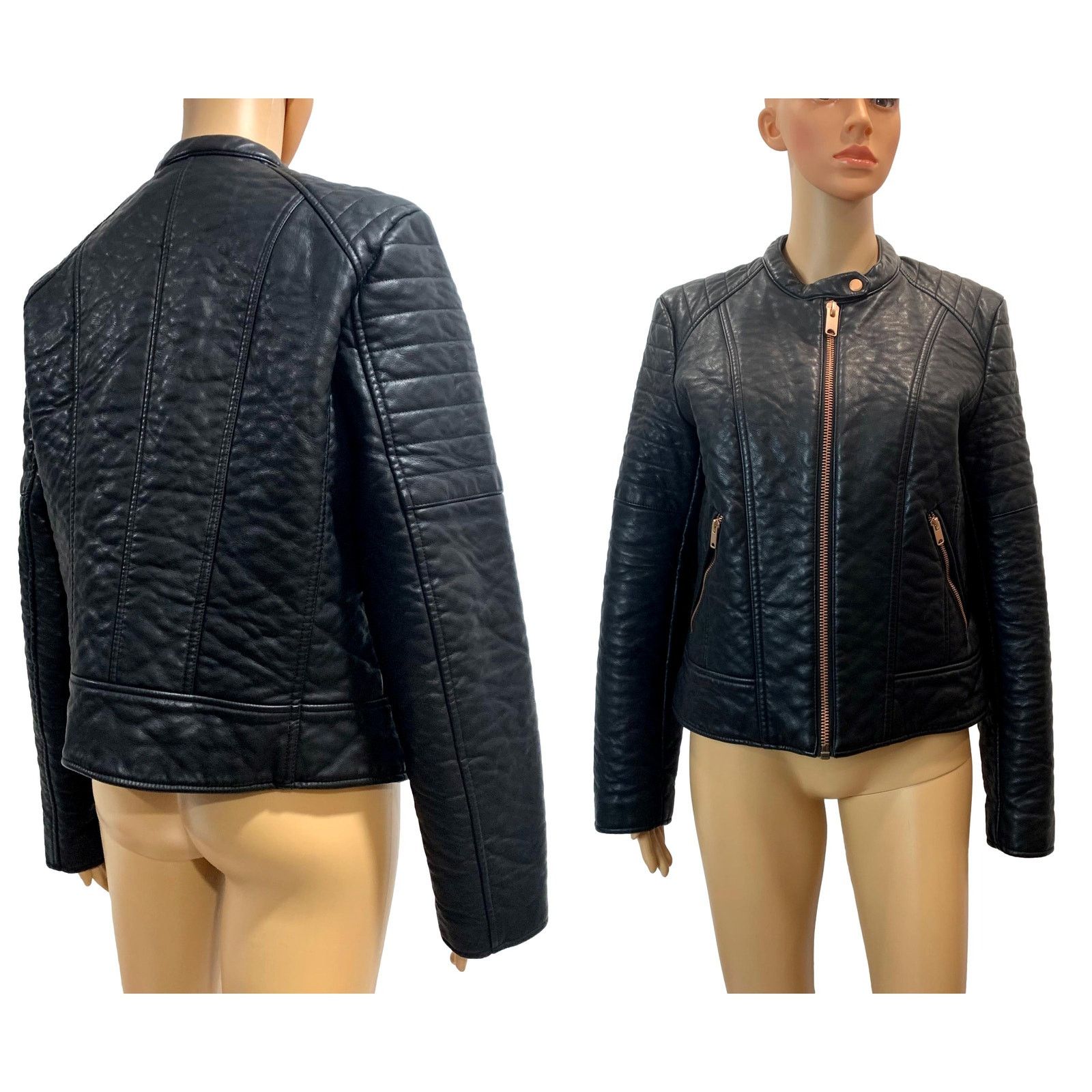 Andrew Marc Vegan Faux Leather Cafe Racer Motorcycle Biker Jacket Size L / US 10 / IT 46 - 2 Thumbnail