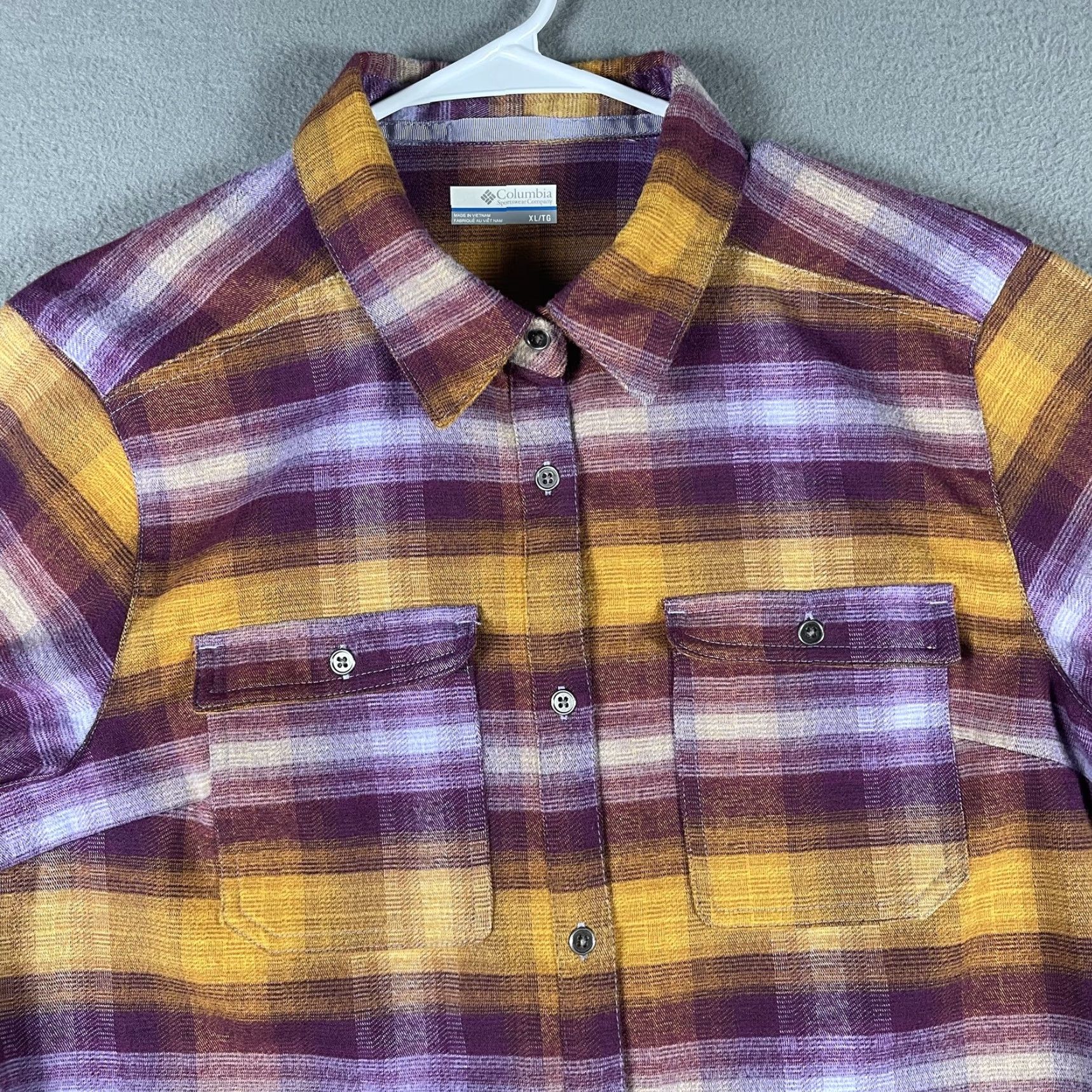 Vintage Columbia Flannel Shirt Womens XL Plaid Button-Up Long Sleeve Casual Outdoors Purple Yellow Embroidered Pockets Size XL / US 12-14 / IT 48-50 - 2 Thumbnail