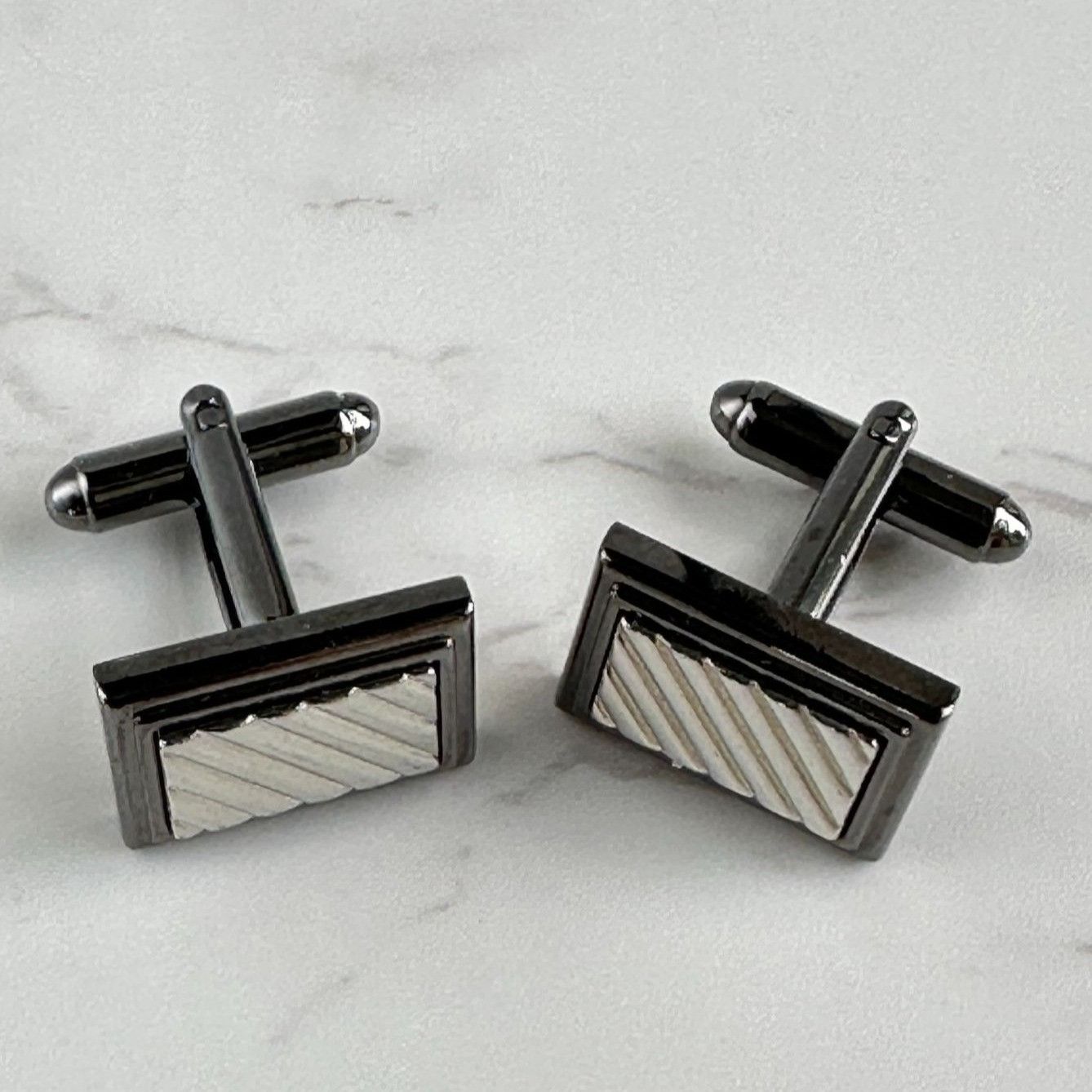 Vintage Gunmetal & Silver Rectangular Stripe Cufflinks For Men Size ONE SIZE - 3 Thumbnail