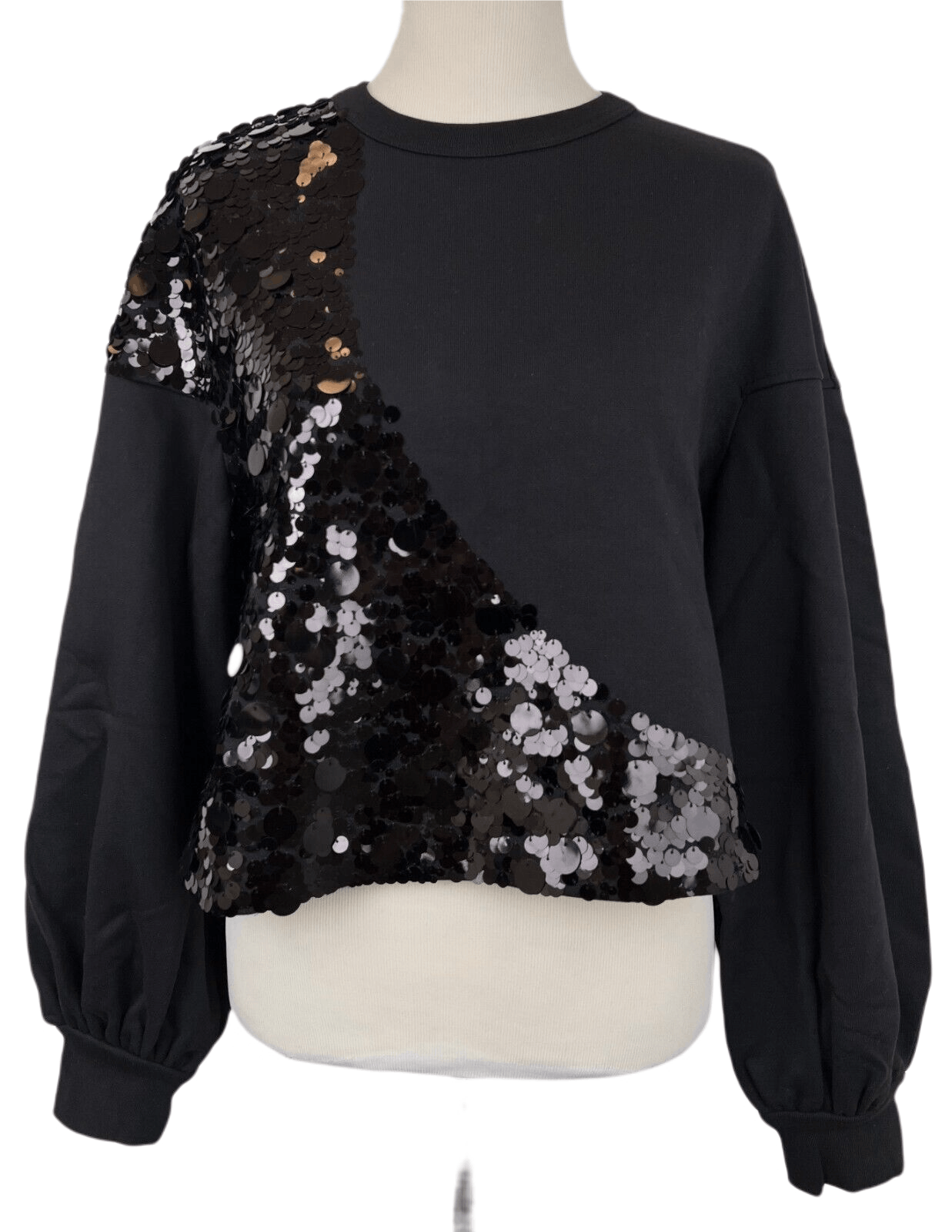 Women's Black Cotton Pull Over Cropped Sequin Sweater S