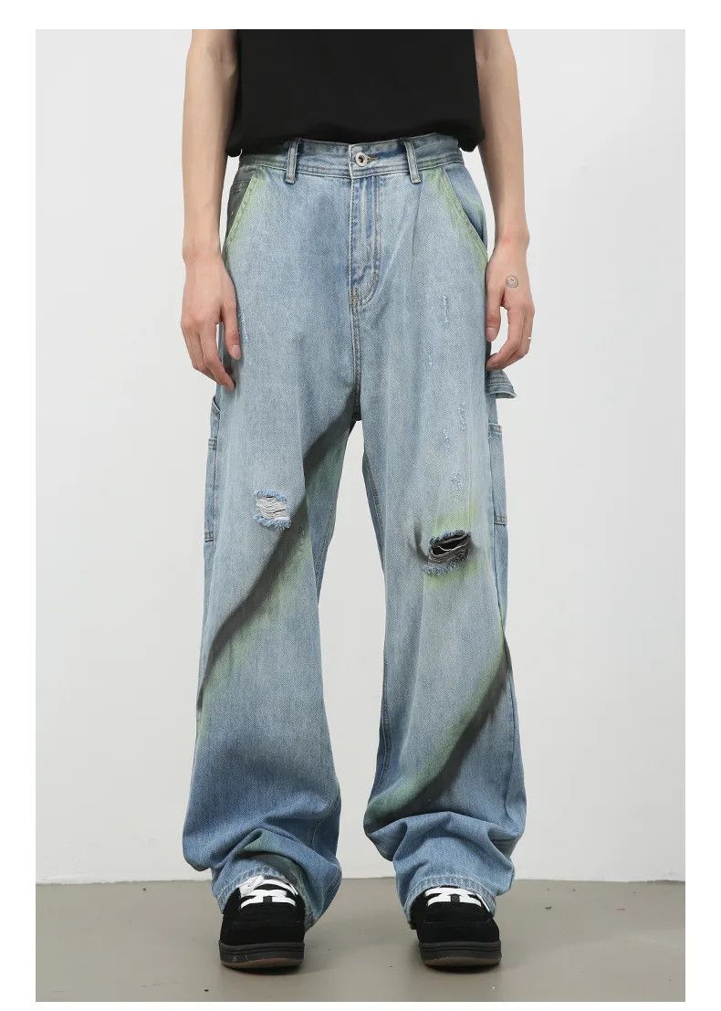 Jean × Vintage Streetwear Hand-Painted Contrast Wide-Leg Ripped Jeans Size US 32 / EU 48 - 7 Thumbnail