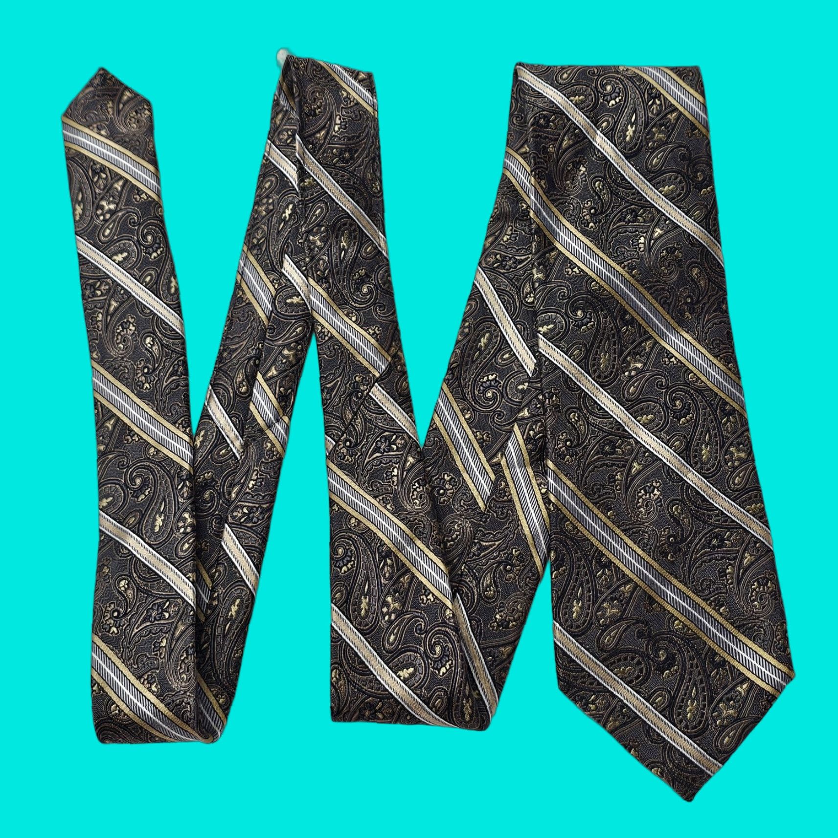 Pronto Uomo VTG Pronto Uomo Necktie Mens Gray Silver Paisley 100% Silk Tie 58 1/4 X 3 1/4" Classic Wedding Preppy Retro 60s 70s Mens Size ONE SIZE - 1 Thumbnail