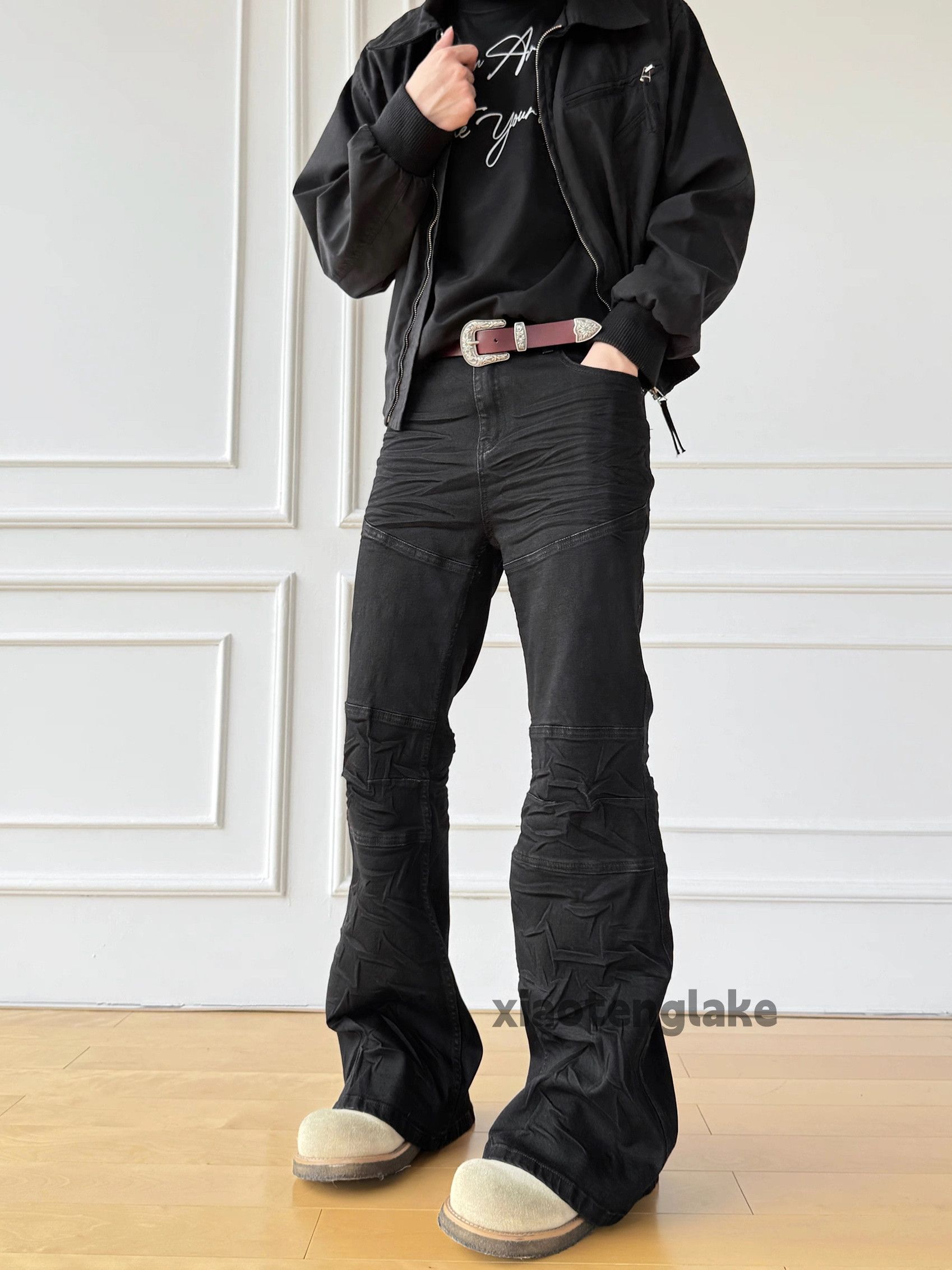 Wax coated punk grunge bootcut flared cargo jeans