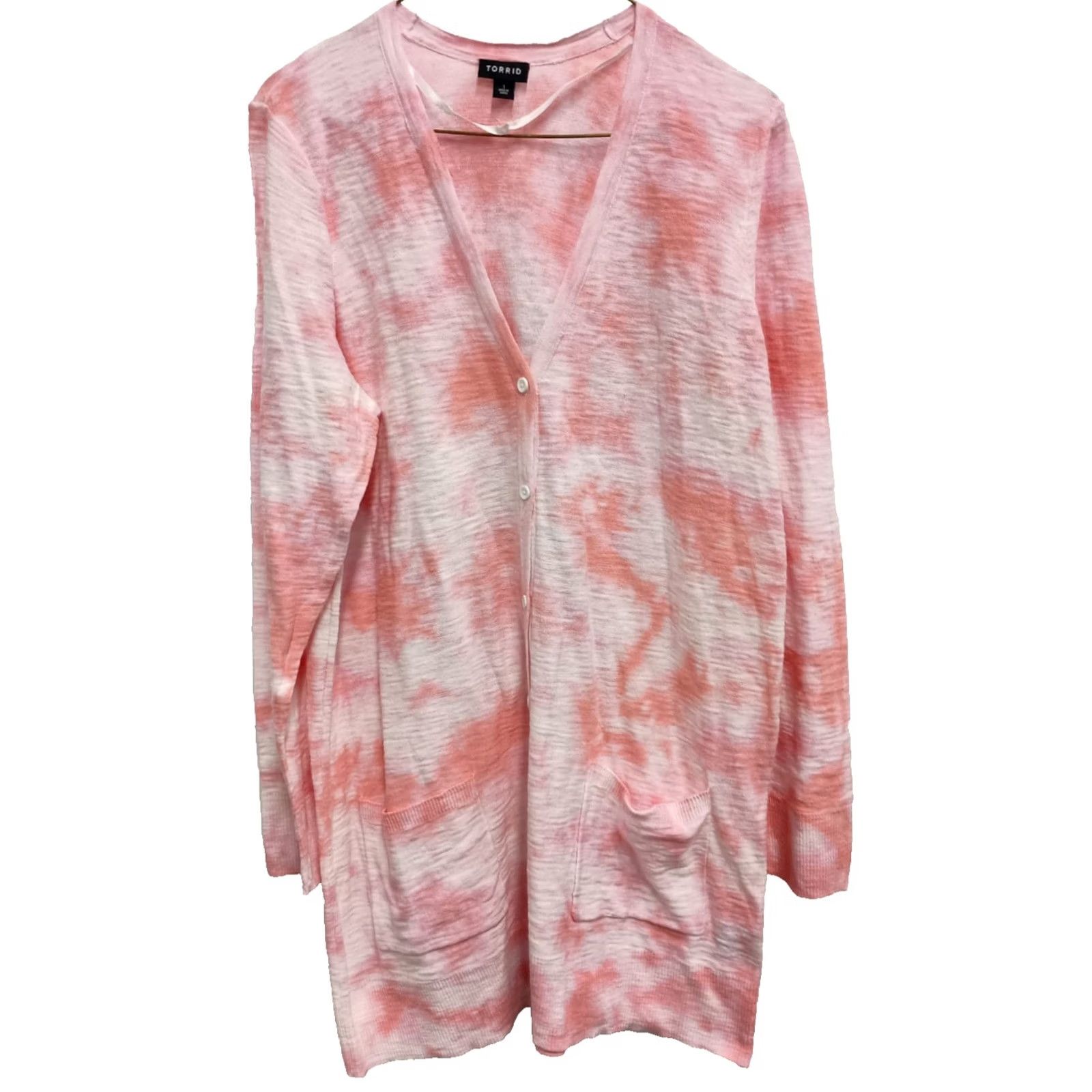 Torrid Torrid Cardigan Womens Size 1X Pink Tie Die BOHO Button Front Longline Casual - Vibrant Wear Size XL / US 12-14 / IT 48-50 - 2 Thumbnail