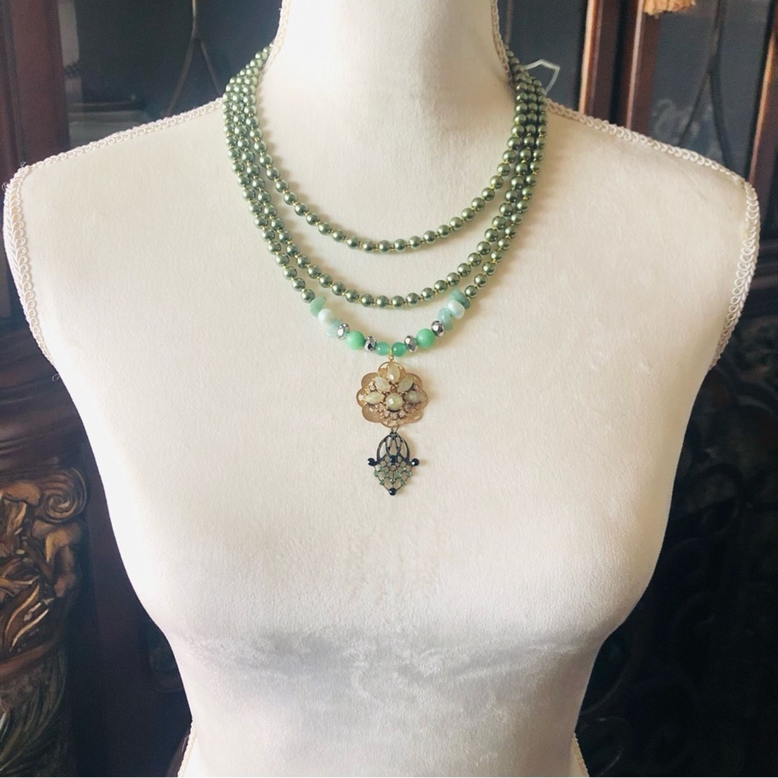 Handmade Handcrafted repurpose aventurine Czech glass Pearl necklace Size ONE SIZE - 5 Thumbnail