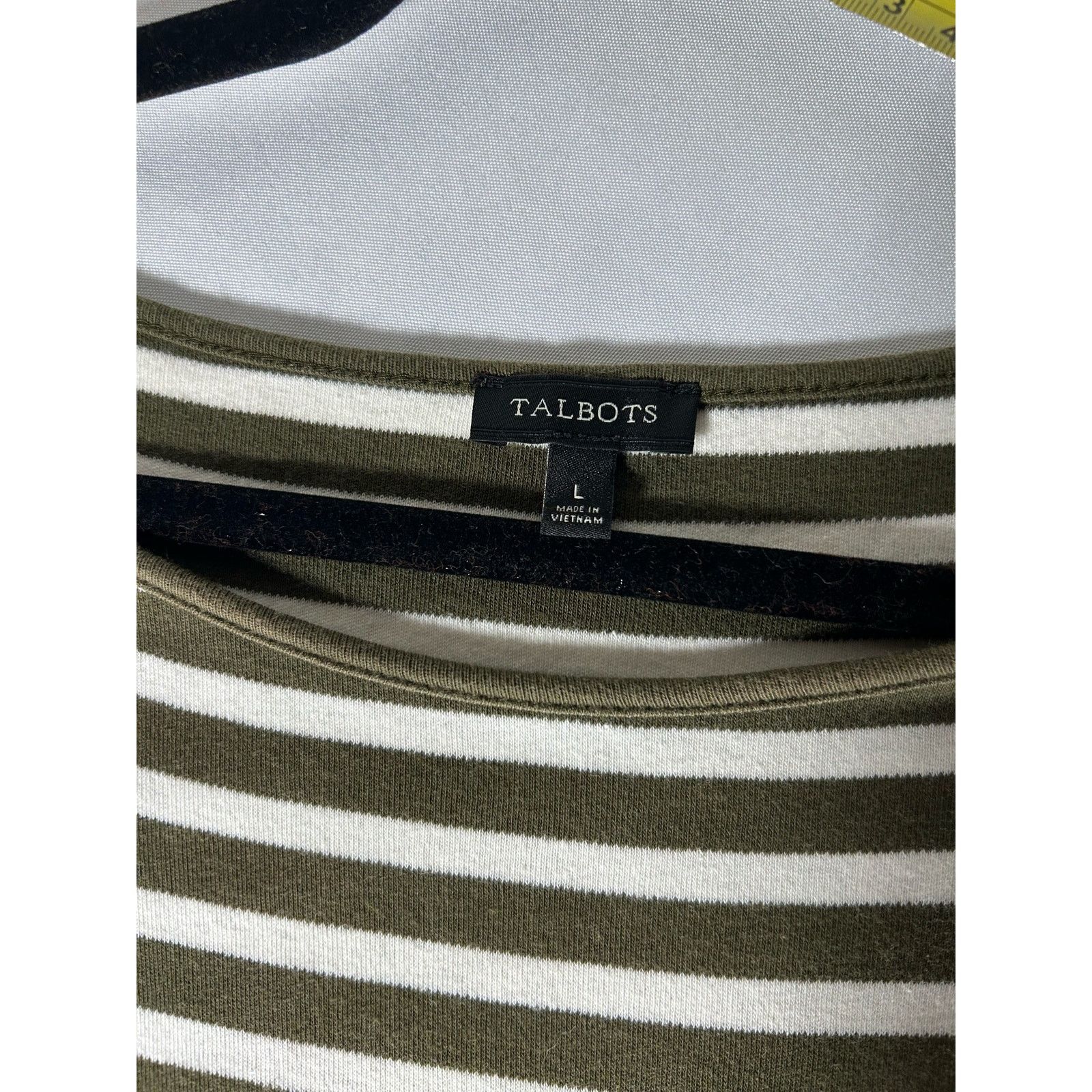 Robert Talbott Talbots Olive Green & Ivory Striped Dress W/Ruffled Size L Size L / US 10 / IT 46 - 8 Thumbnail