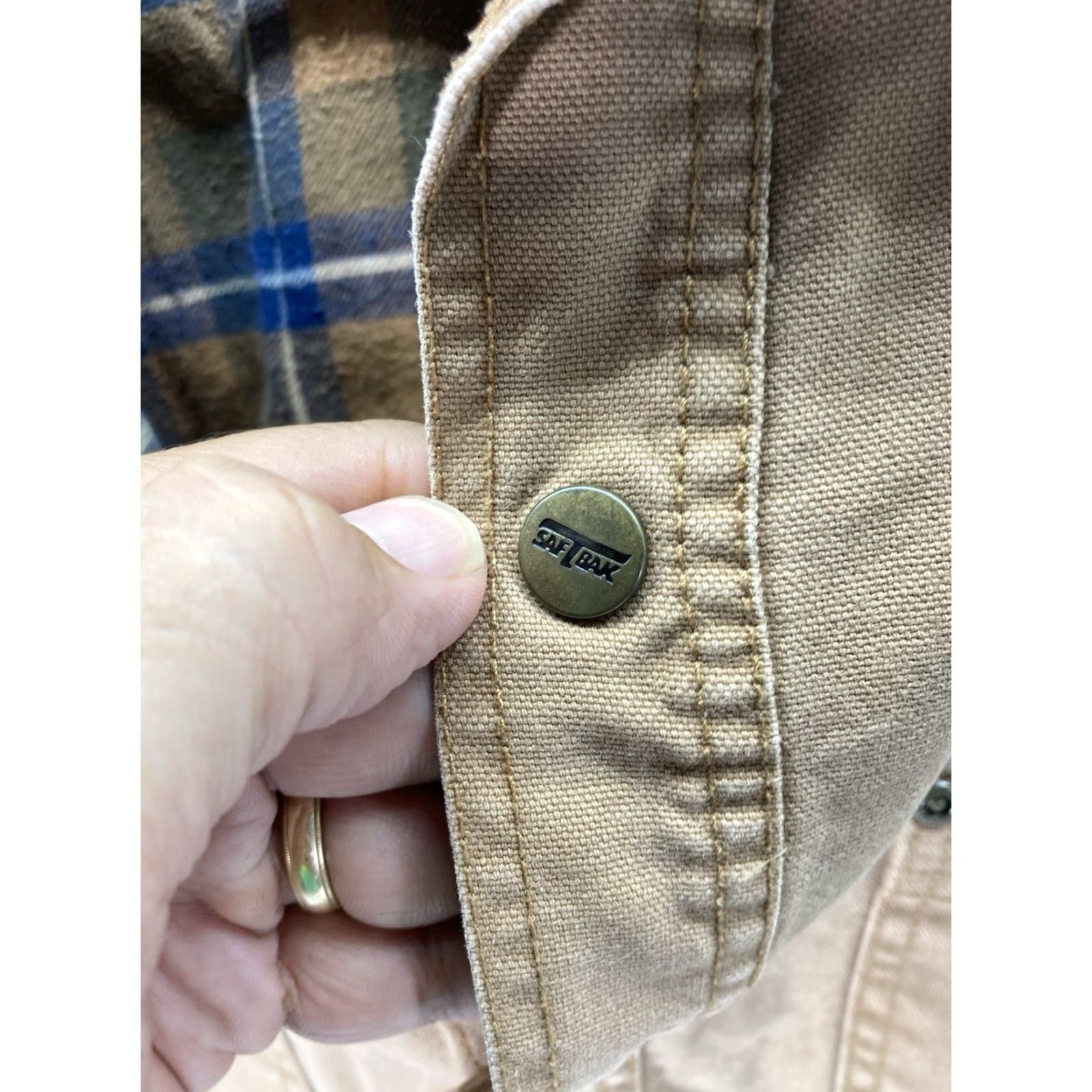 SafTbak VINTAGE Saftbak Shirt Jacket Shacket Men XL Khaki Duck Canvas Snap Flannel Lined Pockets Size US XL / EU 56 / 4 - 6 Thumbnail