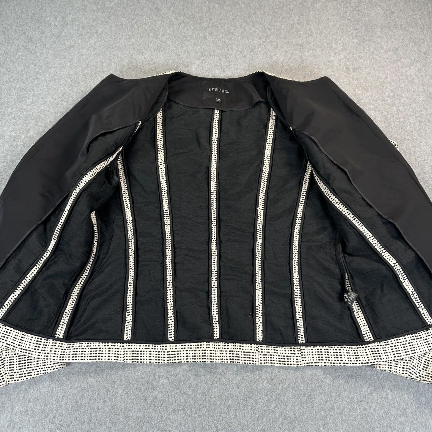 Vintage Lafayette 148 New York Jacket Womens 10 White Tweed Collarless Full Zip Geometric Size L / US 10 / IT 46 - 3 Thumbnail