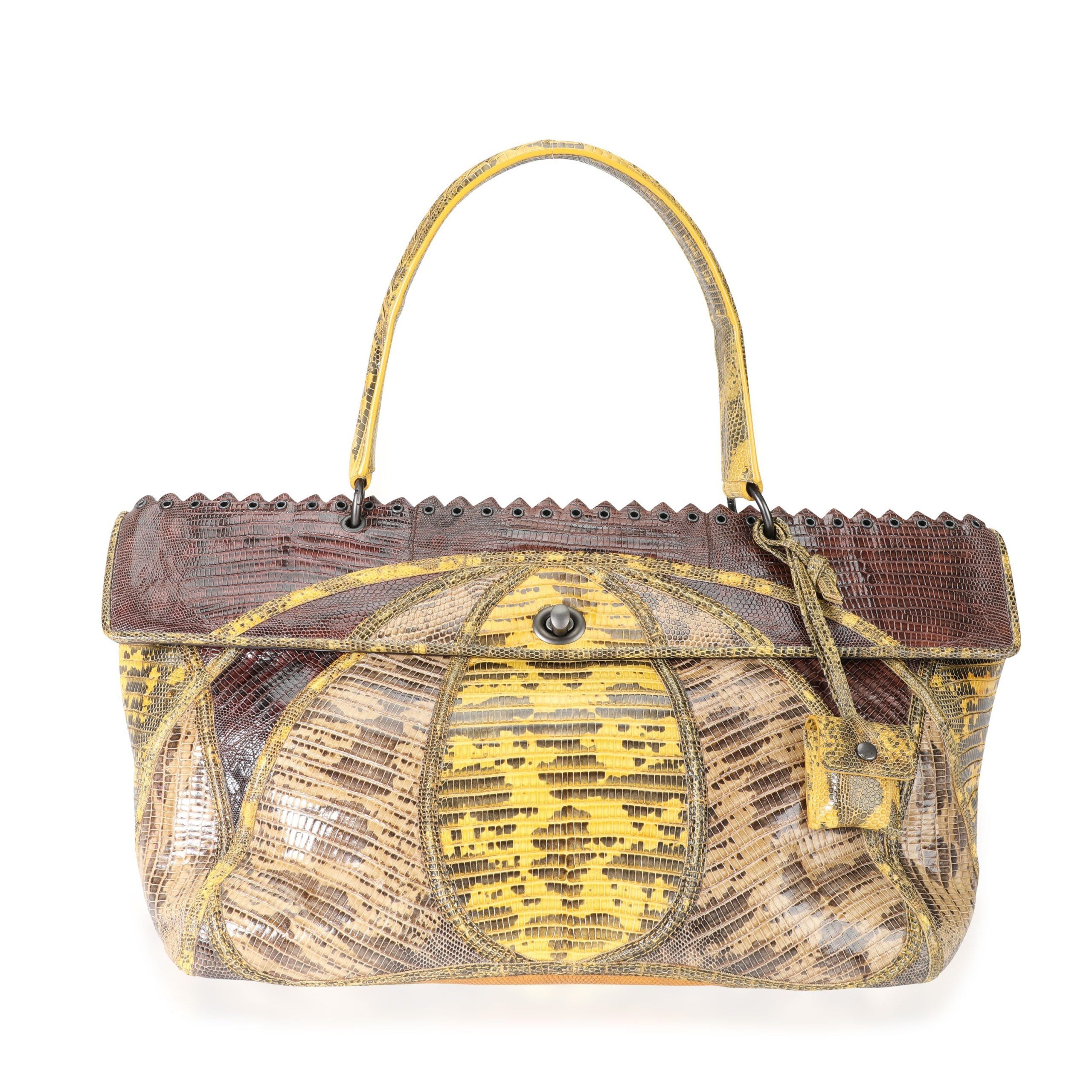 image of Bottega Veneta Brown & Yellow Patchwork Prezioso Lizard Bag, Women's