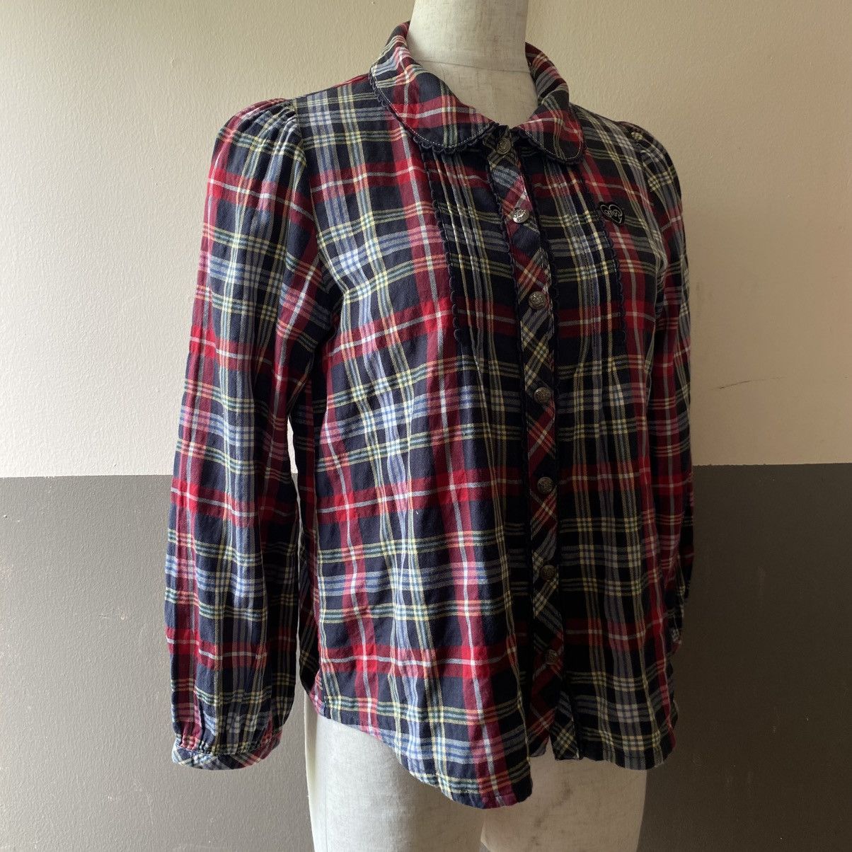 Japanese Brand Mezzo Piano Red Navy Check Long Sleeve Blouse Size S / US 4 / IT 40 - 7 Thumbnail