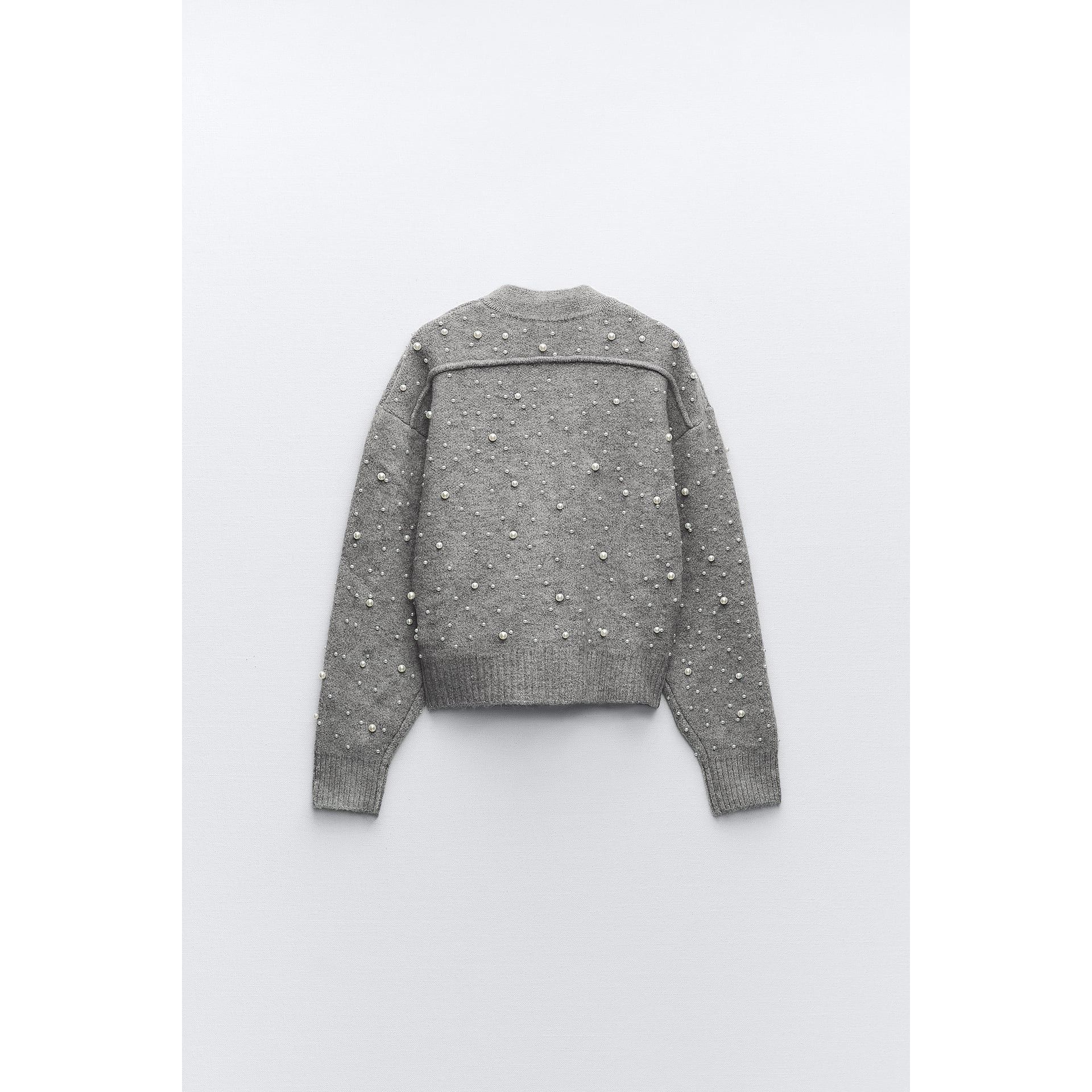 Zara Zara Grey Pearl-Embellished Bomber Zip Cardigan Size S / US 4 / IT 40 - 7 Thumbnail