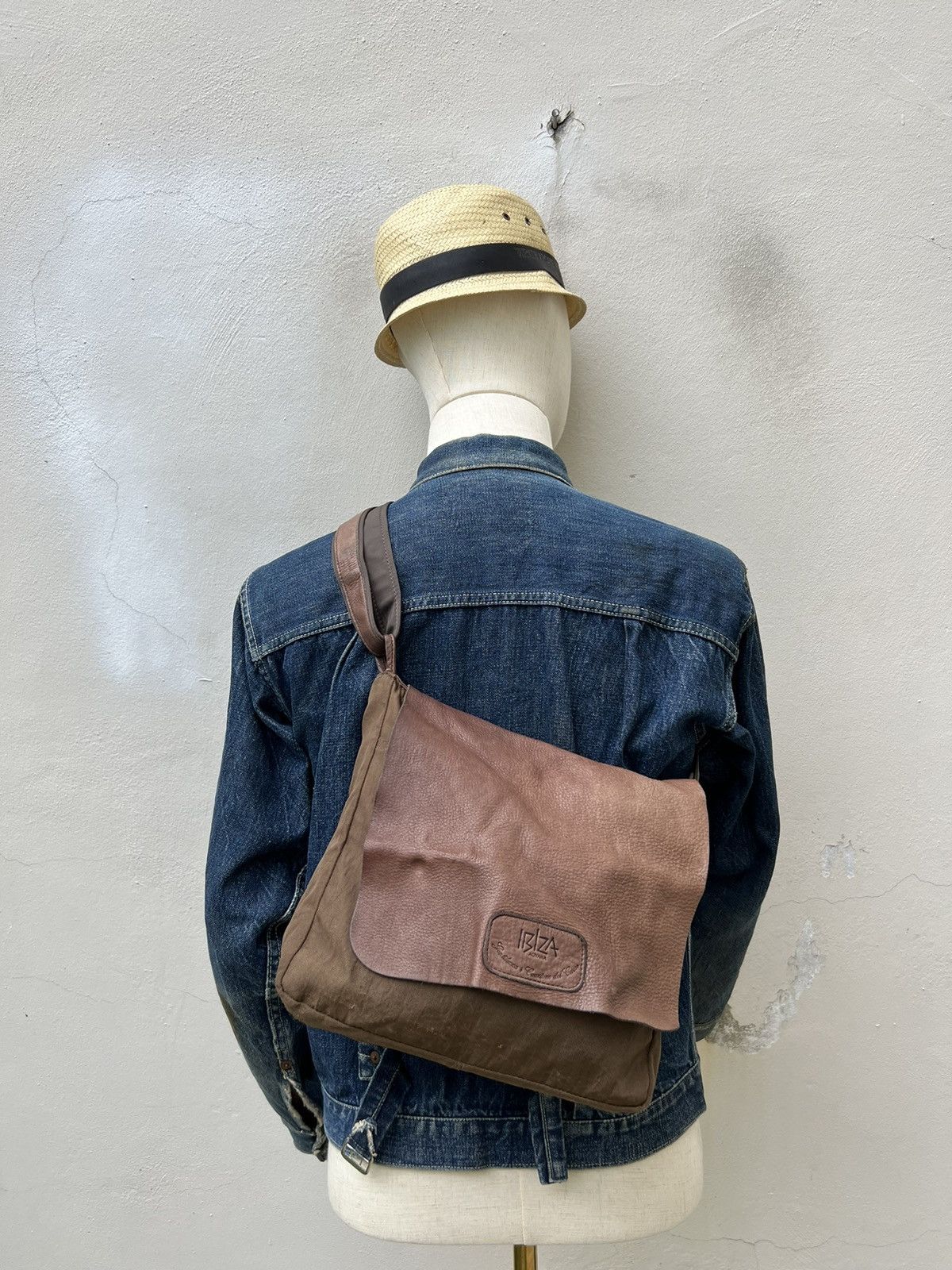 VTG Ibiza Yoshida. Co Japan Patina Hybrid Leather Sling Bag in Brown, Men's