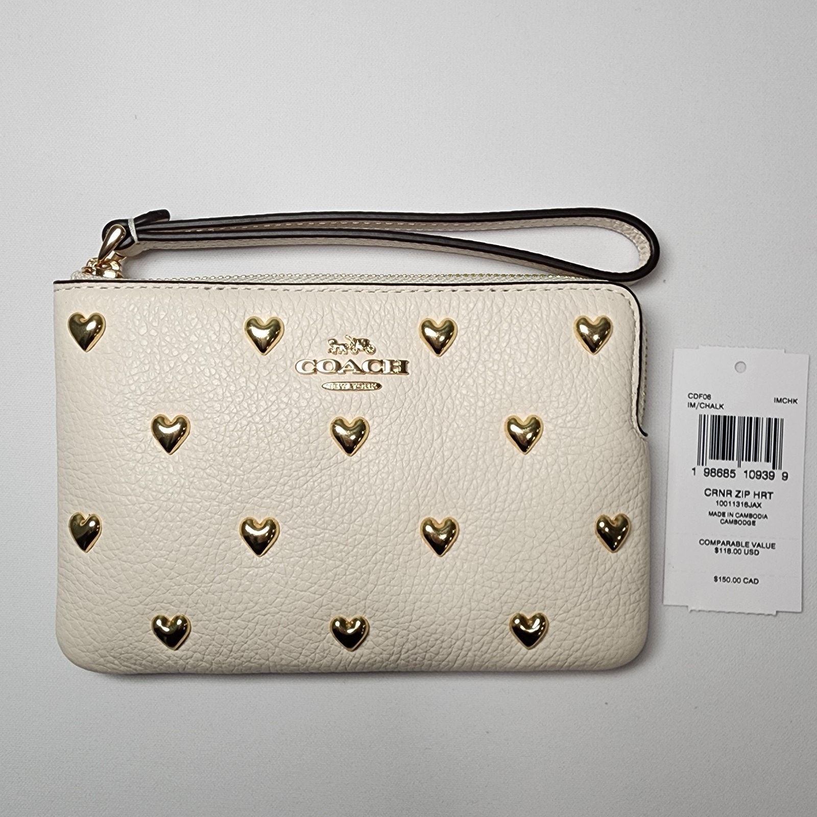 Coach NWT Coach CDF06 Corner Zip Wristlet Heart Rivets Gold/Chalk Size ONE SIZE - 1 Thumbnail