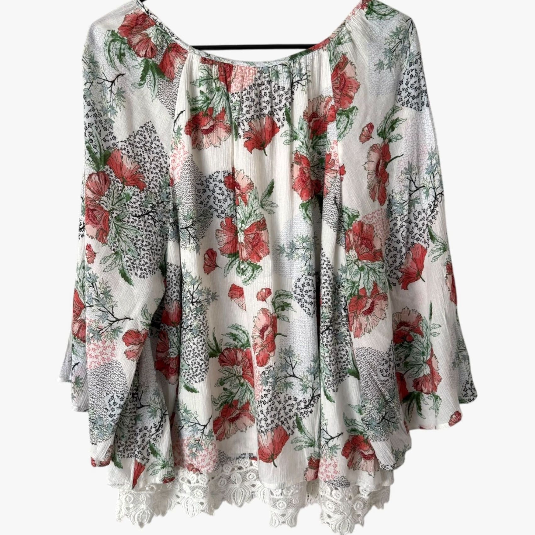 Style & Co VINTAGE Style & Co Floral Peasant Blouse White XL Bell Sleeve Tie-Neck Bohemian Womens Size XL / US 12-14 / IT 48-50 - 4 Thumbnail