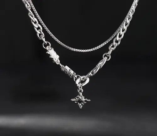 Jewelry Silver Layered Chain Necklace with Black Gem Pendant Size ONE SIZE - 2 Thumbnail