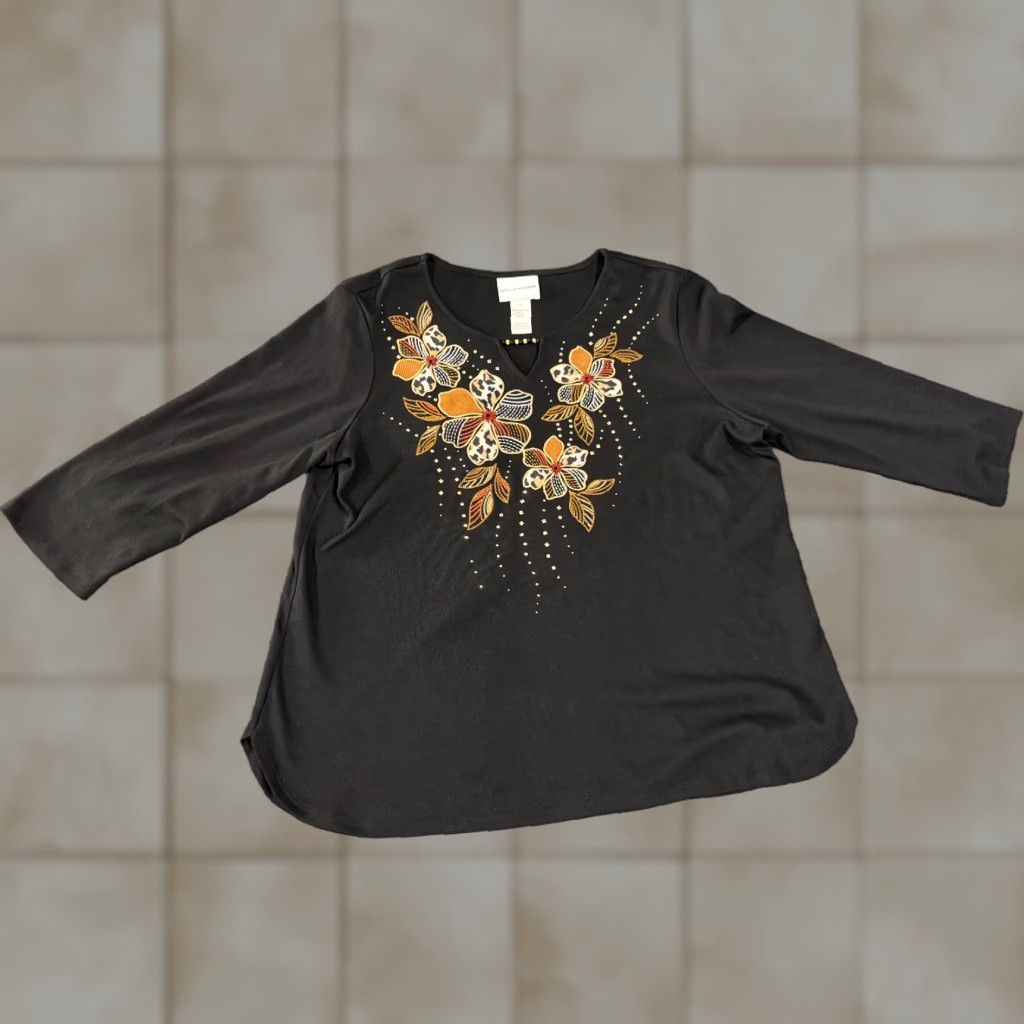 Vintage Alfred Dunner Blouse Womens M Black Floral Embroidered Long Sleeve Casual Shirt Size M / US 6-8 / IT 42-44 - 1 Thumbnail