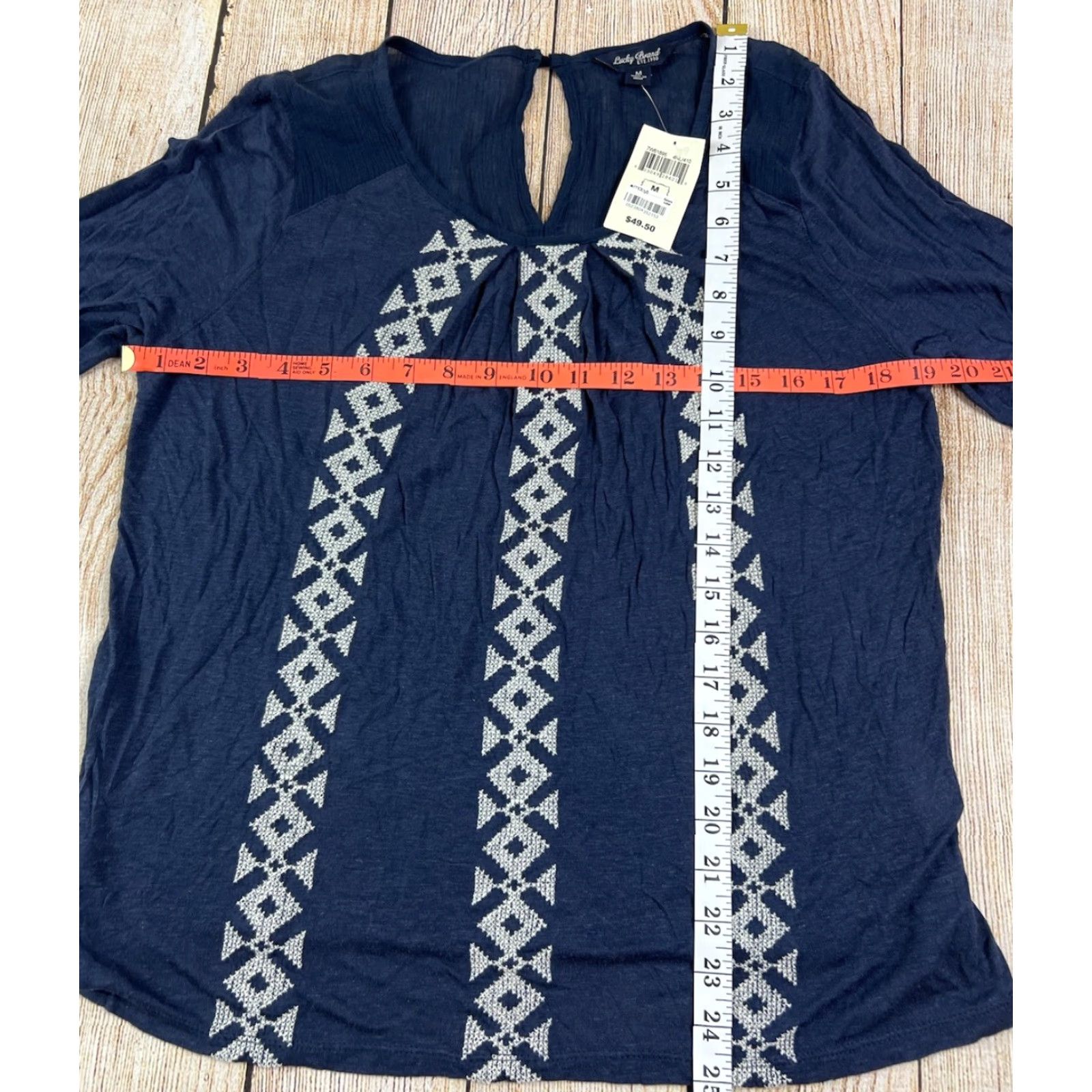 Lucky Brand NWT Lucky Brand Embroidered Geometric 3/4 Sleeve Blouse Blue Shirt M Women Size M / US 6-8 / IT 42-44 - 4 Thumbnail
