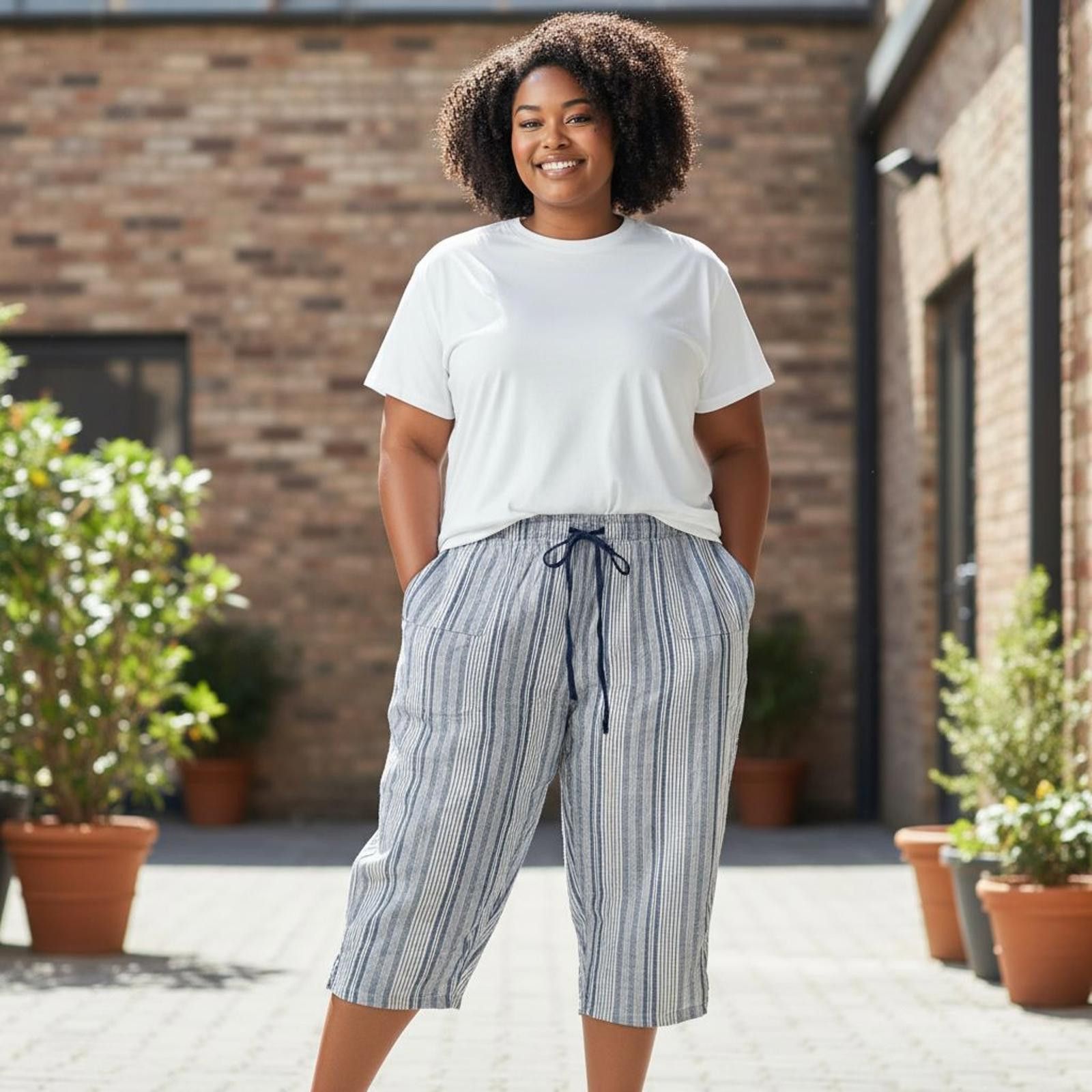 Unknown London C. D. Daniels Women's Striped Cropped Pants with Drawstring Size 42" / US 20 - 1 Thumbnail