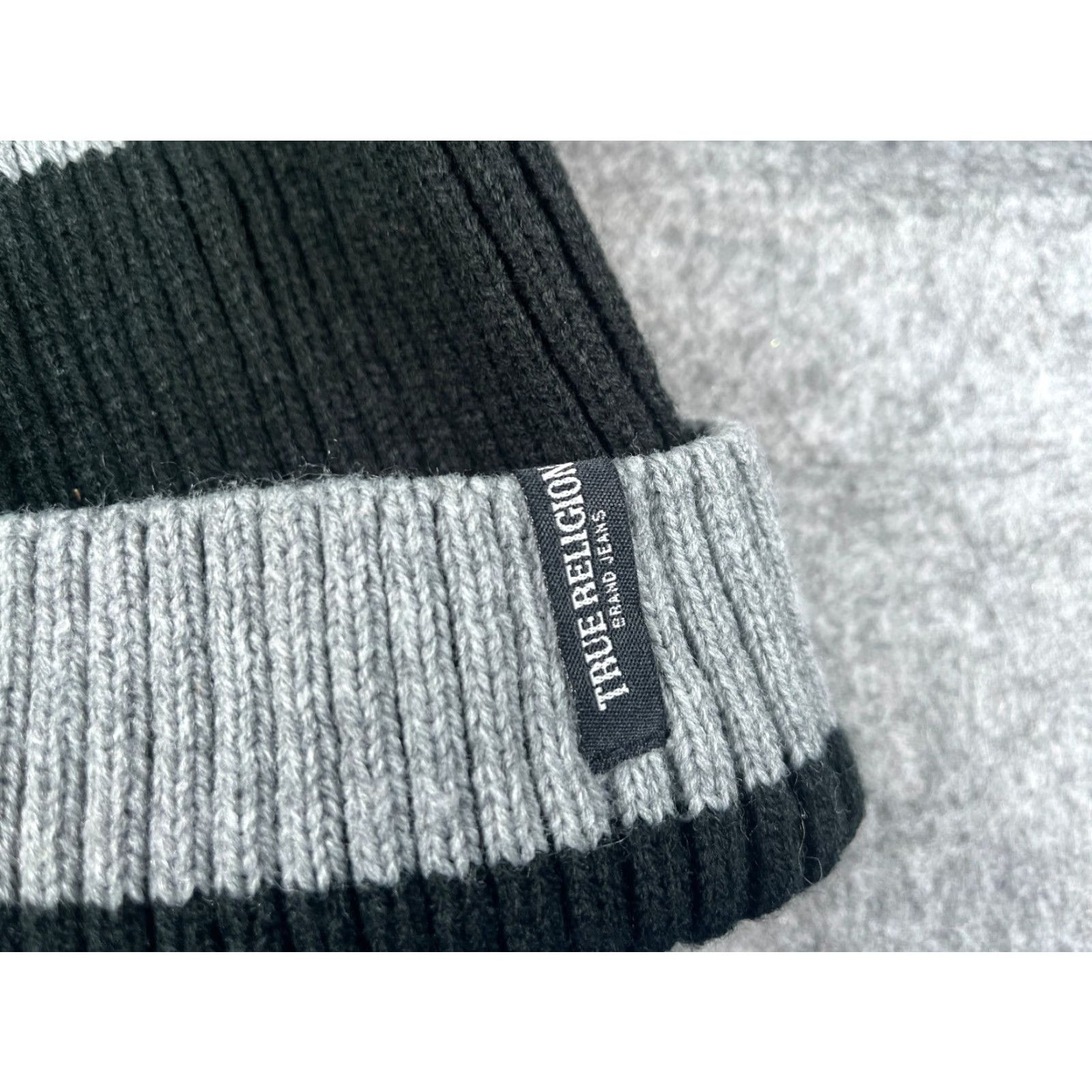 True Religion True Religion Beanie Toque One Size Adult Black Knit Striped Acrylic Hat Beanie Mens Womens Unisex Accessories Size ONE SIZE - 2 Thumbnail