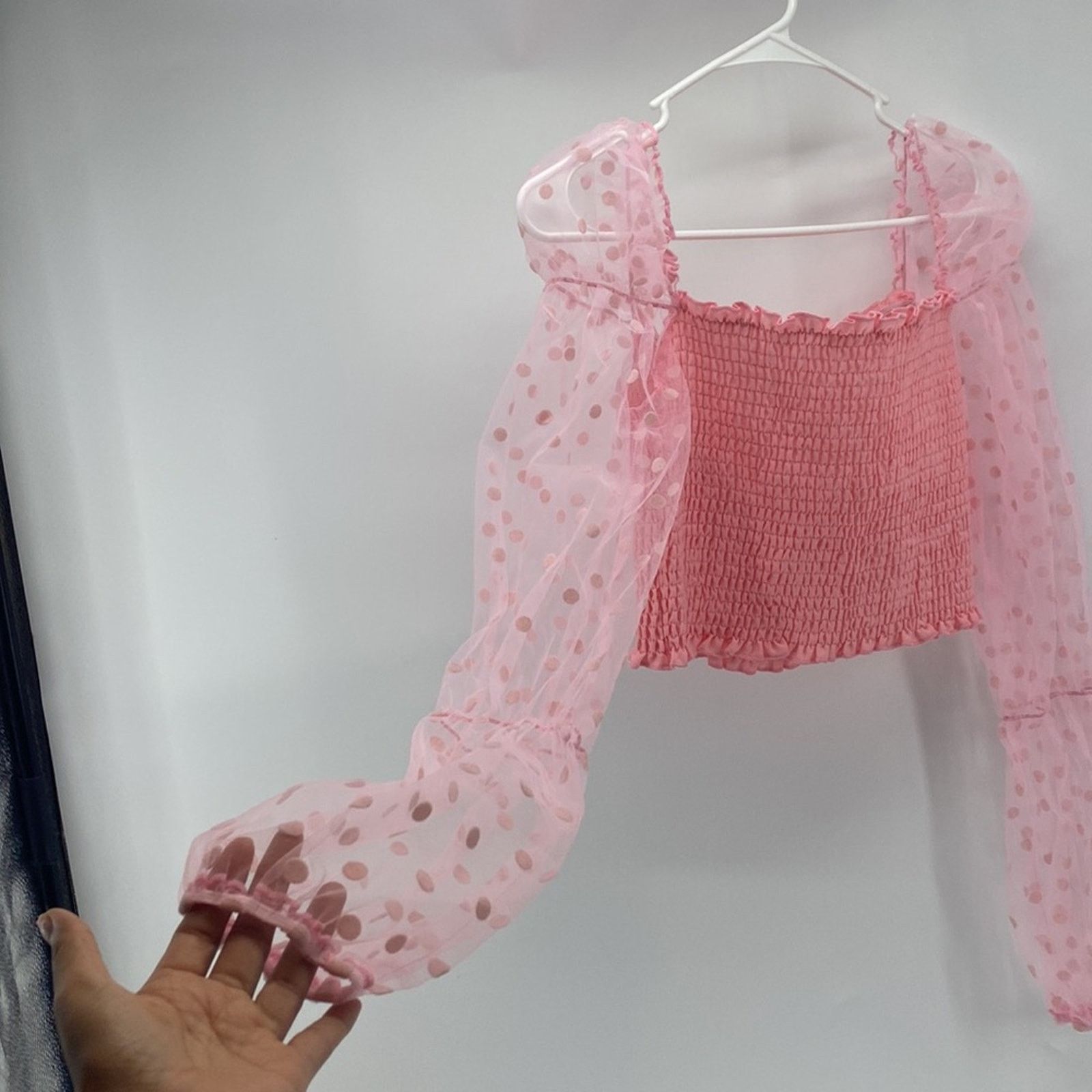 Shein Shein pink polka dot sheer sleeve Crop top puff sleeves Size M / US 6-8 / IT 42-44 - 4 Thumbnail