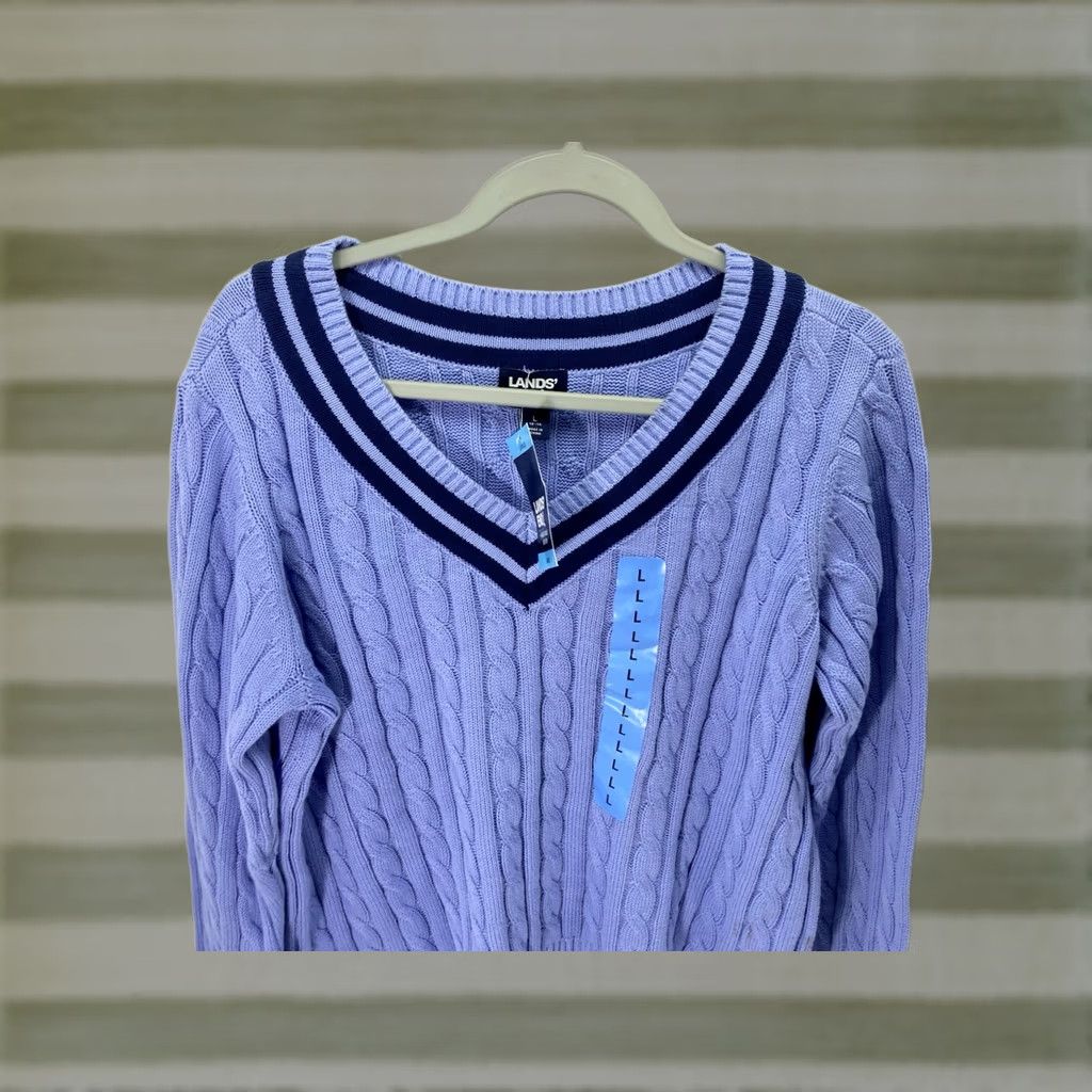 Lands' End Lands' End V Neck Cable Sweater Women Large Blue Long Sleeve Pullover Cotton NWT Size L / US 10 / IT 46 - 1 Thumbnail