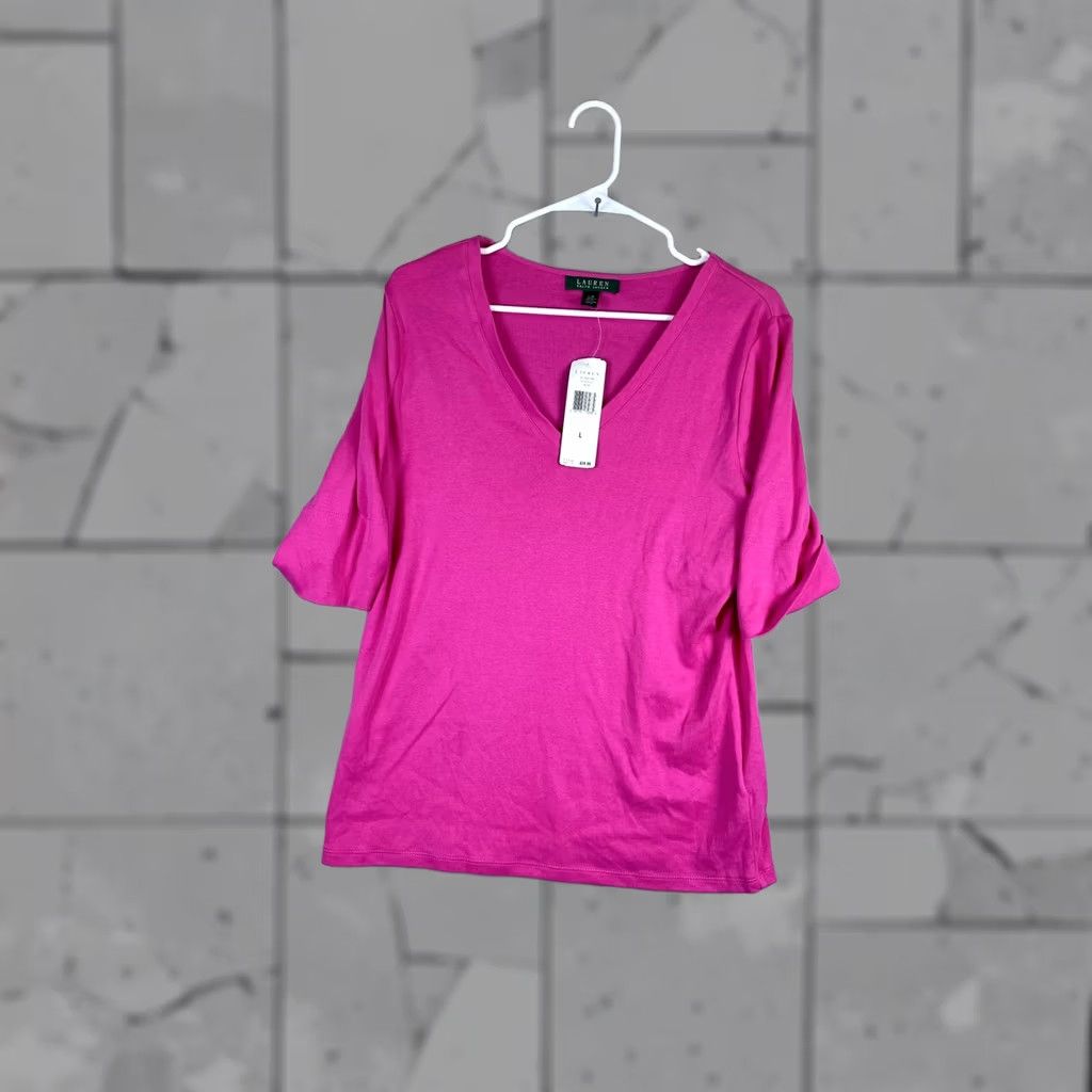 Ralph Lauren Lauren Ralph Lauren Pink V-Neck T-Shirt Womens L Short Sleeve Cotton Size L / US 10 / IT 46 - 1 Thumbnail