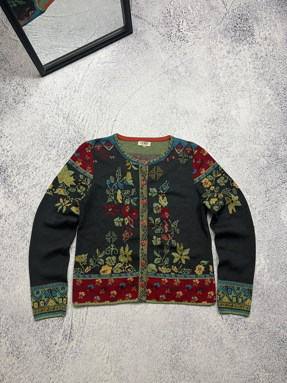 Japanese Brand IVKO Geometric Pattern Flowers Motif Women’s Cardigan Size S / US 4 / IT 40 - 1 Thumbnail