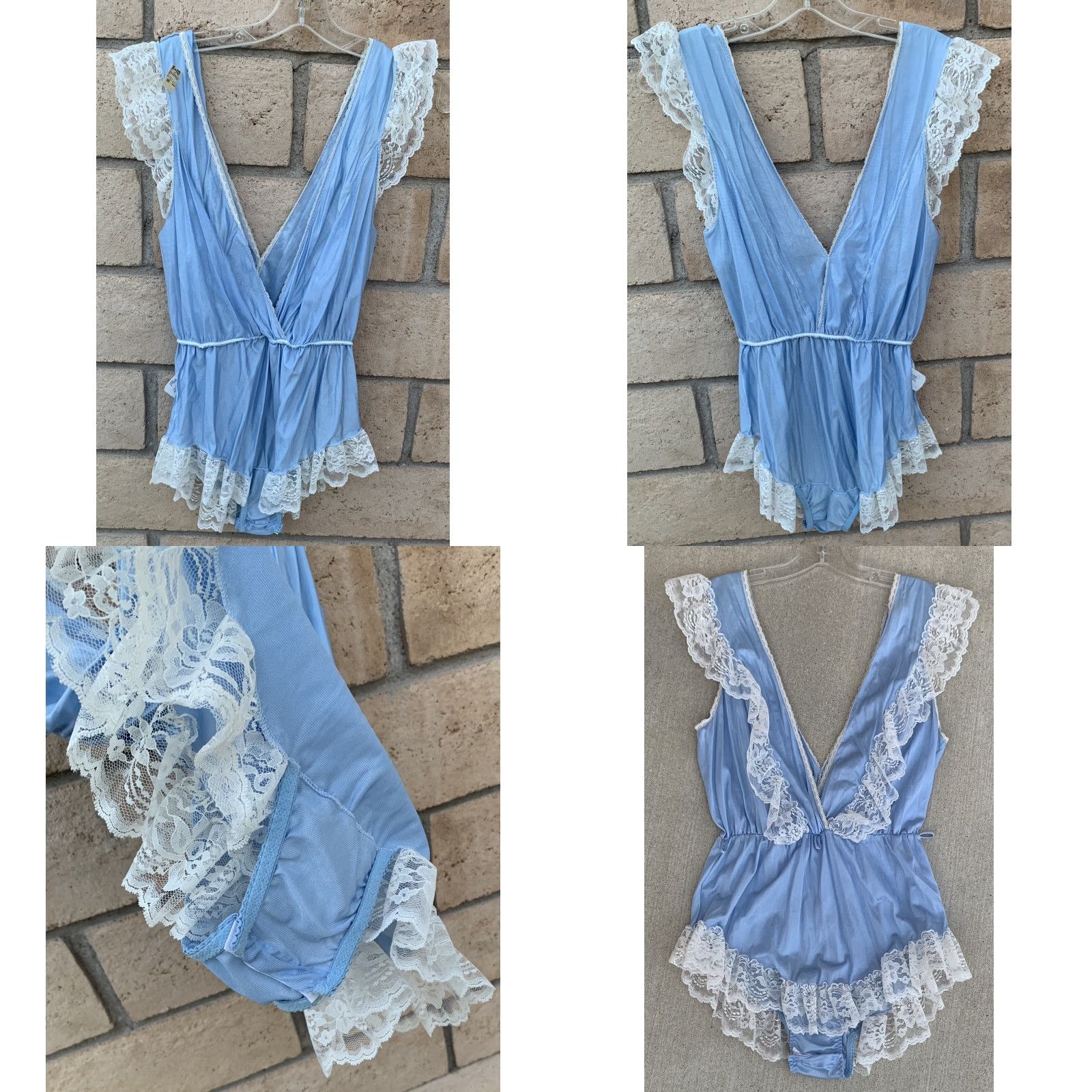 Vintage VINTAGE Flair Nylon Teddy One Piece Playsuit Romper Lace Ruffle Union Made Sz M Blue 1980s Glam Rock Flair Mens Womens Girls Boys Size 32" / US 10 / IT 46 - 9 Thumbnail
