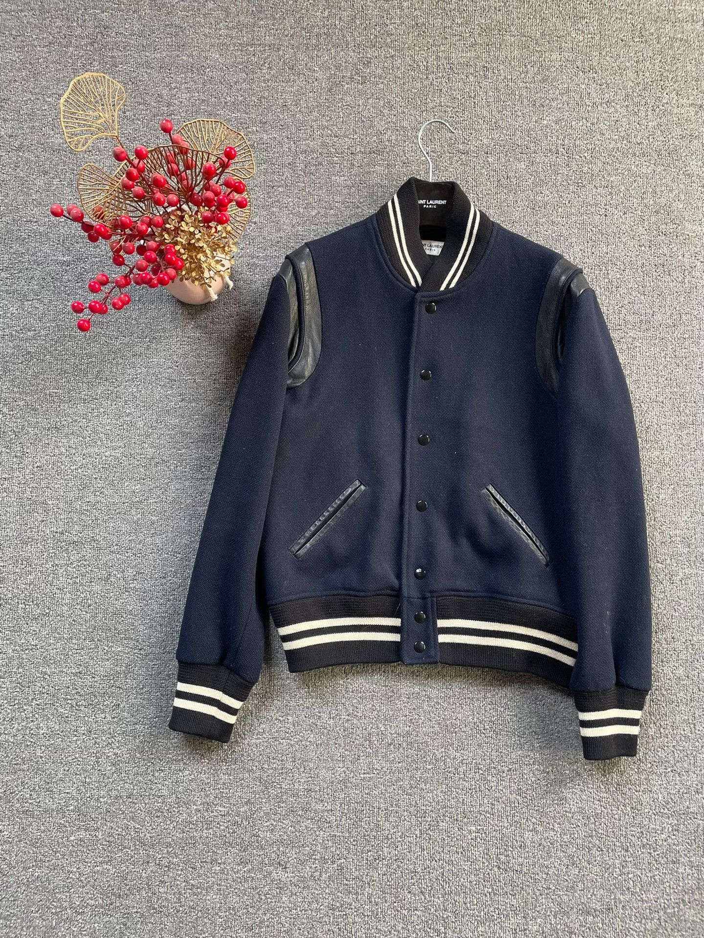 Saint Laurent Paris Saint Laurent Navy Leather-Sleeve Baseball Jacket Size US M / EU 48-50 / 2 - 1 Thumbnail