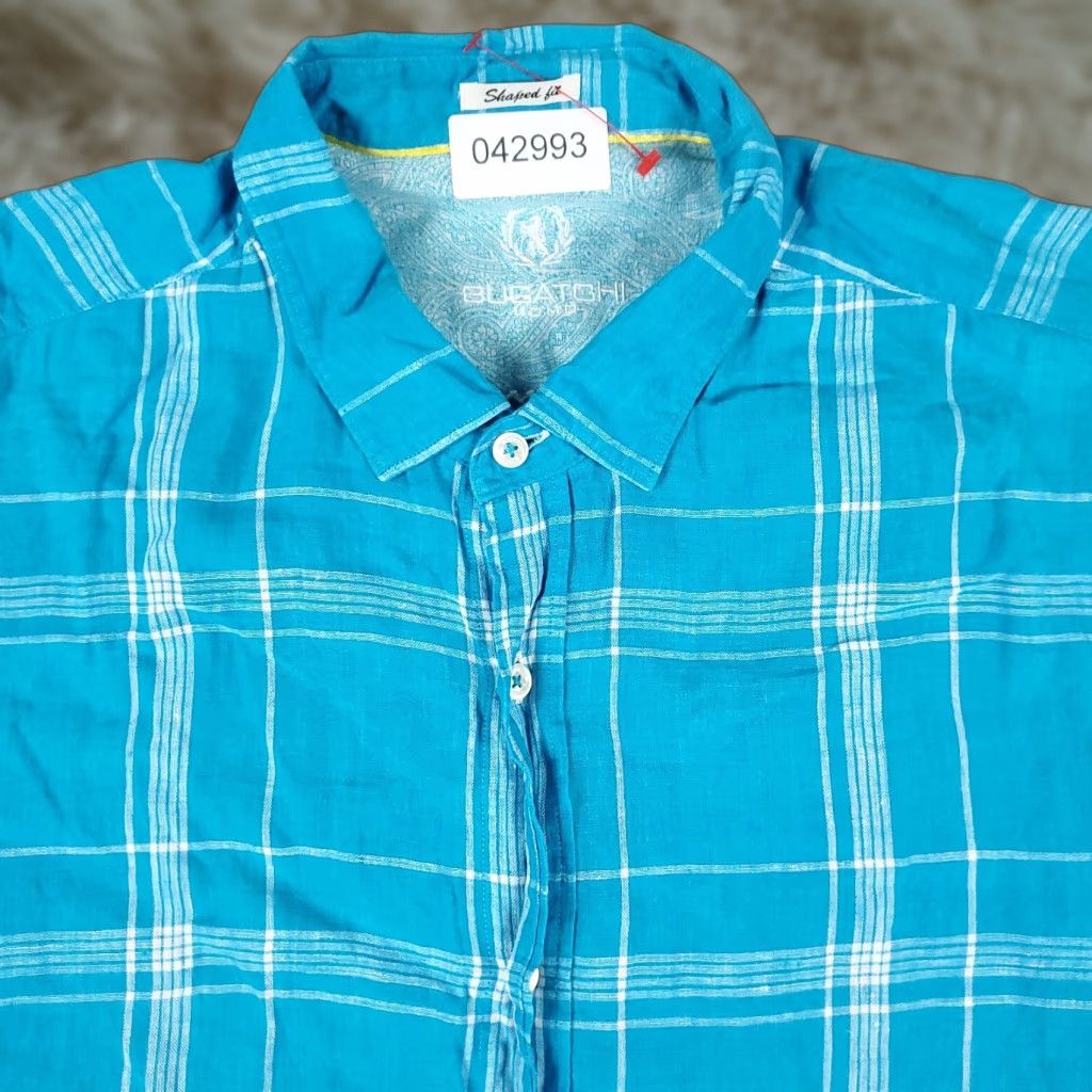 BUGATCHI Bugatchi Uomo Shirt Mens Large Blue Plaid Linen Button-Up Short Sleeve Classic Mens Size US L / EU 52-54 / 3 - 1 Thumbnail