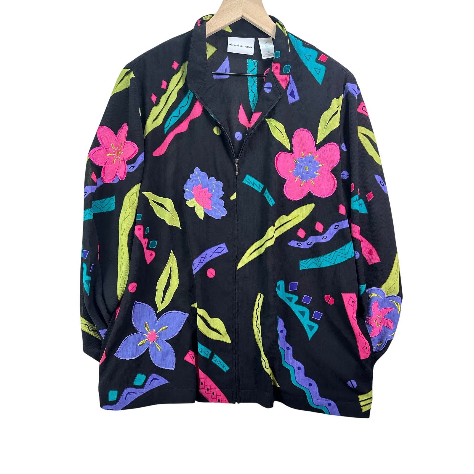 Other ALFRED DUNNER 90s Retro Black Neon Floral Sheer Zip Jacket Size XL / US 12-14 / IT 48-50 - 14 Thumbnail