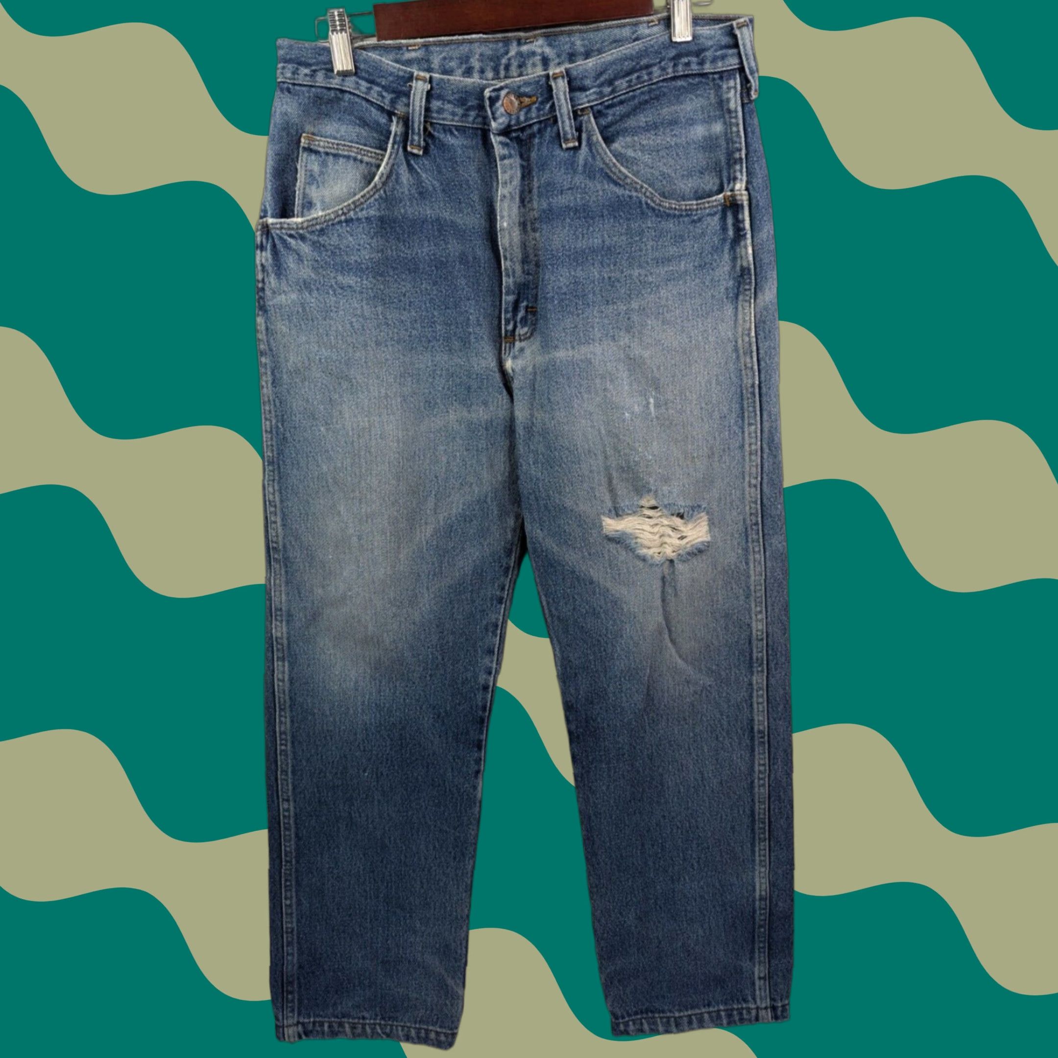 Denime Rustler Jeans 32x28 Regular Straight Denim Jeans Mens Blue Distressed Vintage Workwear 90s Grunge Streetwear Size US 32 / EU 48 - 1 Thumbnail