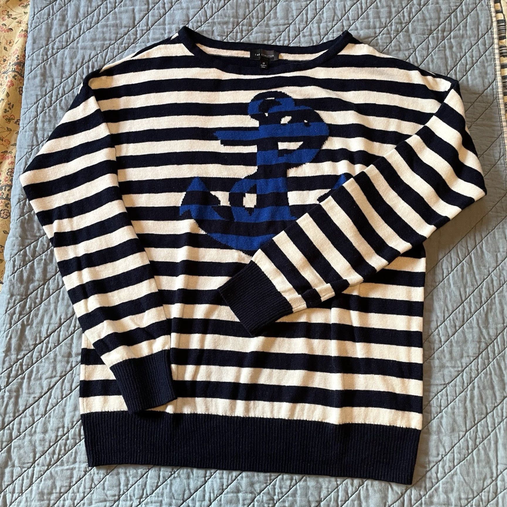 Vintage The Limited Sweater Women’s Sz M Striped Nautical Navy Blue Anchor Pullover Soft Size M / US 6-8 / IT 42-44 - 3 Thumbnail