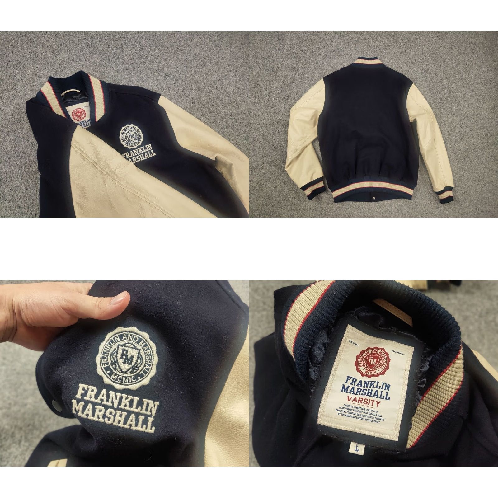 Franklin & Marshall VINTAGE Franklin & Marshall Varsity Logo Navy Wool Leather Bomber Jacket Size US L / EU 52-54 / 3 - 8 Thumbnail