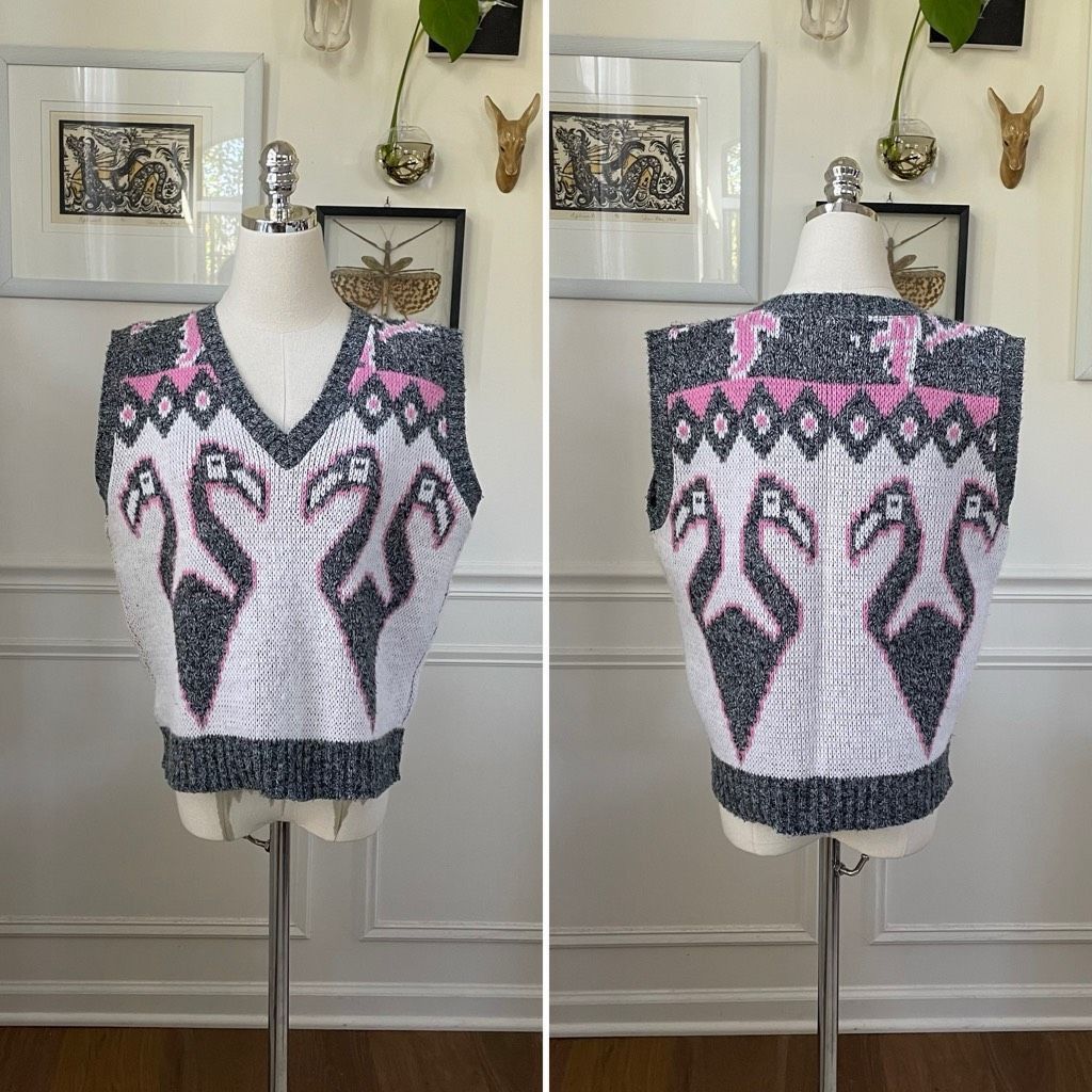 Vintage Vintage 80s Jolie Flamingo Pink Grey White Sweater Vest M Size M / US 6-8 / IT 42-44 - 1 Thumbnail