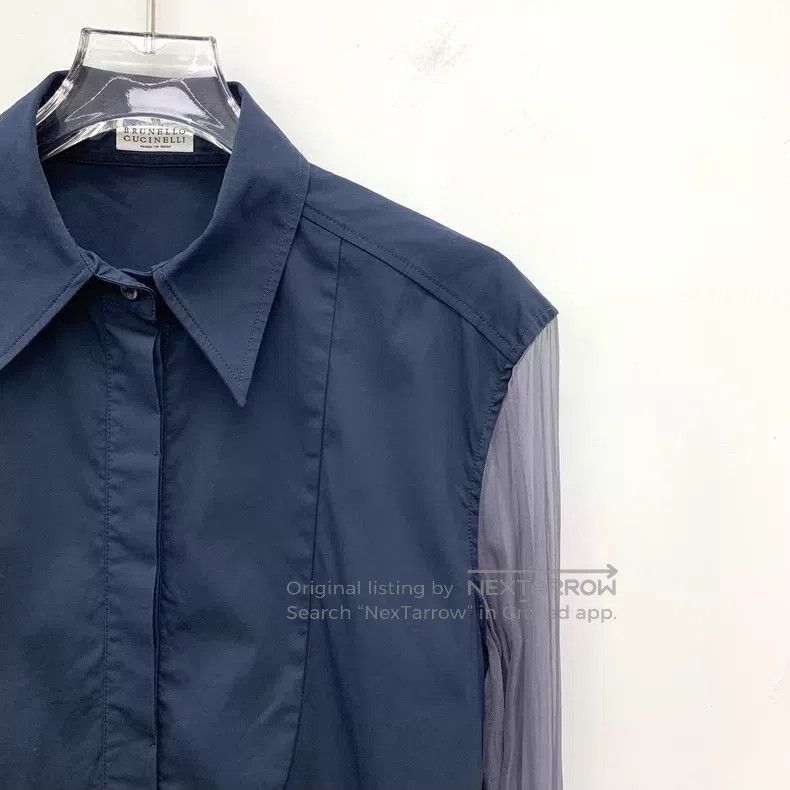Brunello Cucinelli Brunello Cucinelli 23 Model Dark Blue Silk Collar Long Sle Size M / US 6-8 / IT 42-44 - 3 Thumbnail