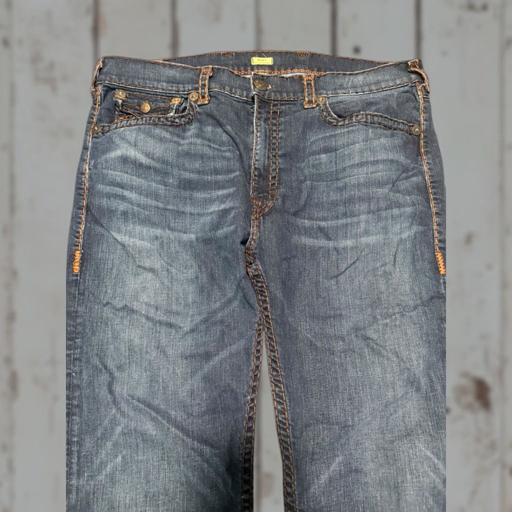 True Religion VINTAGE True Religion Ricky Jeans Mens 44x32 Blue Straight Baggy Thick Stitch Distressed 5-Pocket Zipper Pocket USA Slim? Size US 44 / EU 60 - 1 Thumbnail