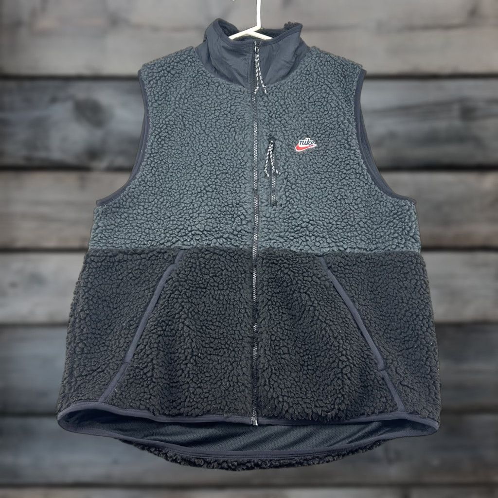 Nike Vest Mens L Black Full Zip Fleece Deep Pile Sherpa Sweater Gilet Drill Y2K