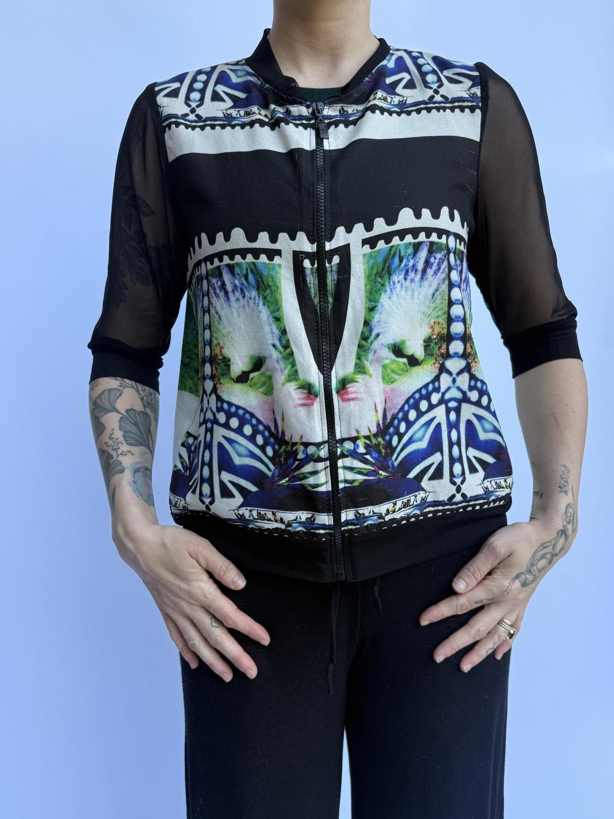 Designer Unique Graphic Bomber Jacket with Sheer Sleeves Size ONE SIZE - 1 Thumbnail