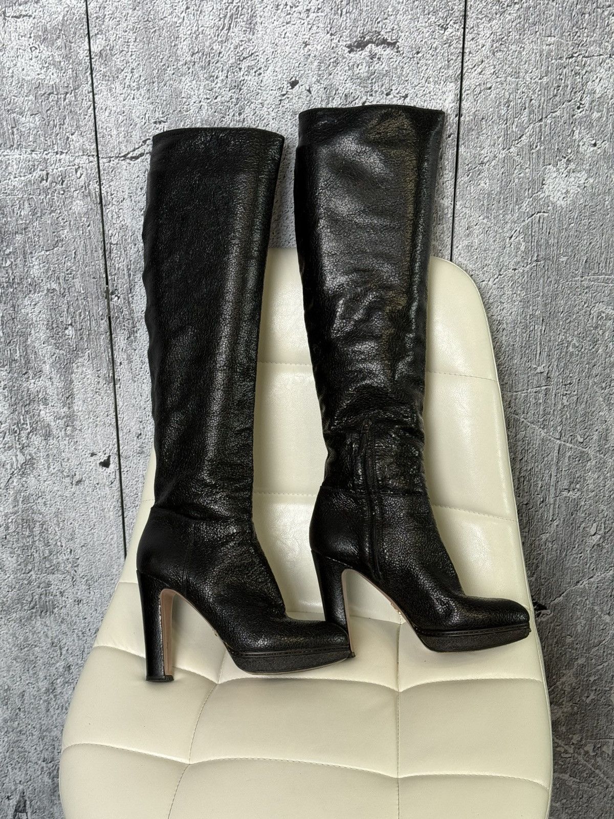 Prada Prada Black Textured Leather Knee High Platform Heeled Boots Size US 8 / IT 38 - 7 Thumbnail