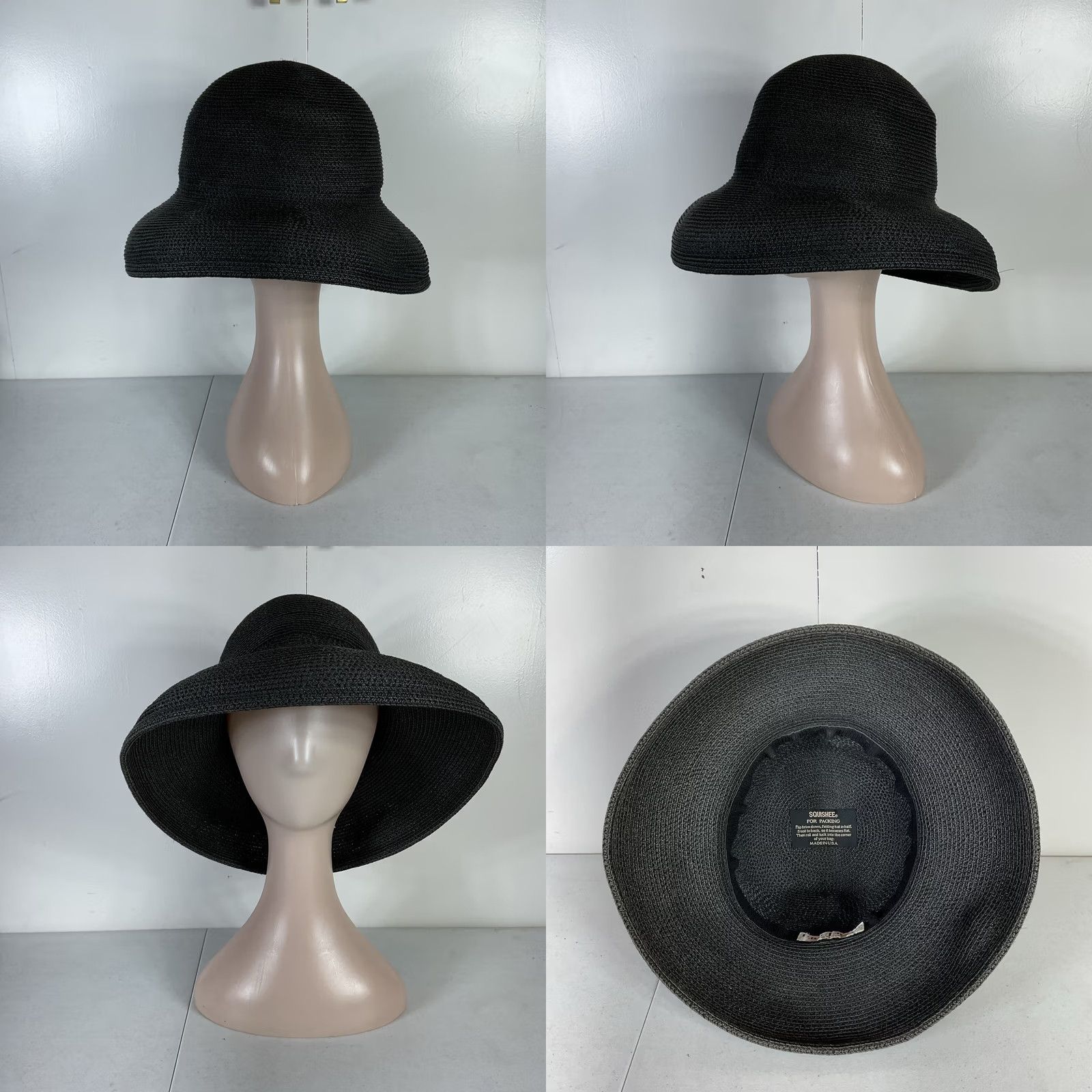 VINTAGE Eric Javits Hat Womens One Size Black Straw Squishee 