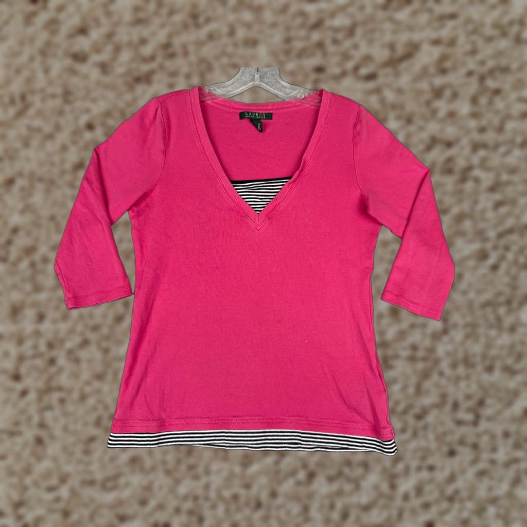 Ralph Lauren VINTAGE Lauren Ralph Lauren Shirt Women M Pink Stripe V-Neck 3/4 Sleeve Cotton City Logo Striped Casual Mens Womens Shirts Size M / US 6-8 / IT 42-44 - 1 Thumbnail