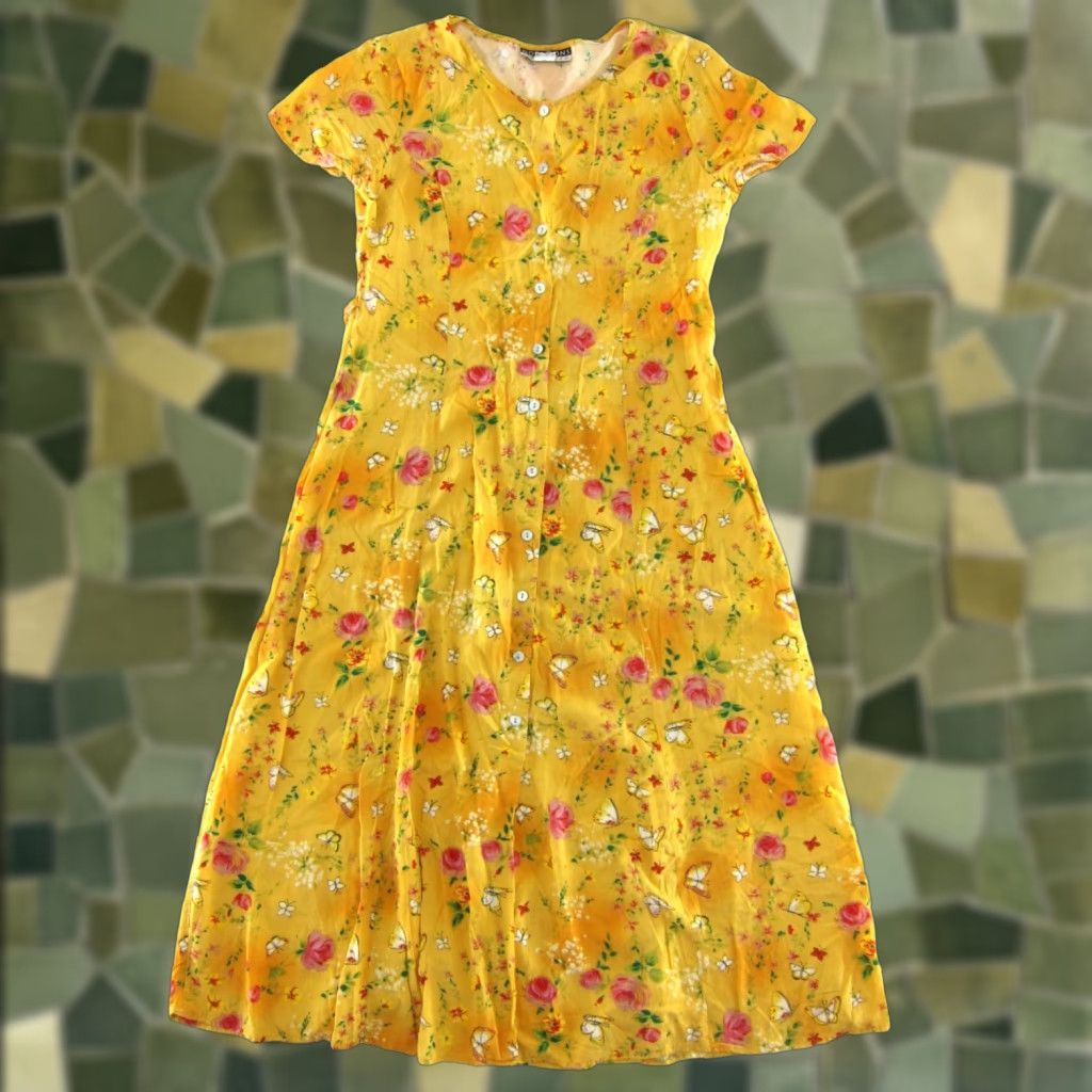 Vintage VTG Notations Clothing Co Maxi Dress Shirt Dress M Yellow Butterfly Floral Button Down 100% Rayon Boho 80s 90s Women Mens Girls2026 Size M / US 6-8 / IT 42-44 - 1 Thumbnail