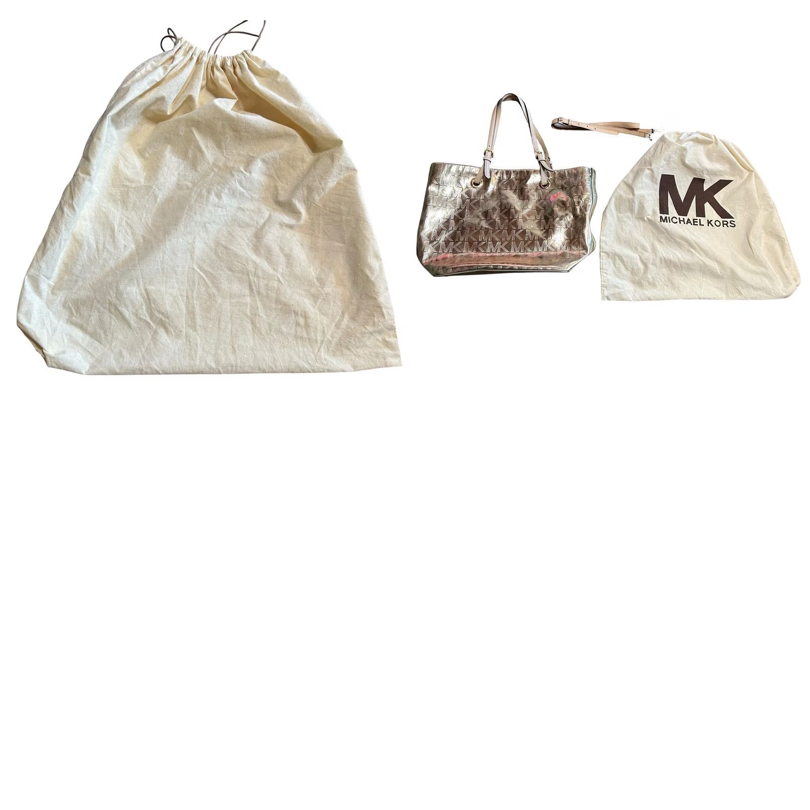 Vintage Michael Kors Gold Metallic MK Logo Tote Large ShoulderBag Purse W/Dust Cover See Size ONE SIZE - 11 Thumbnail