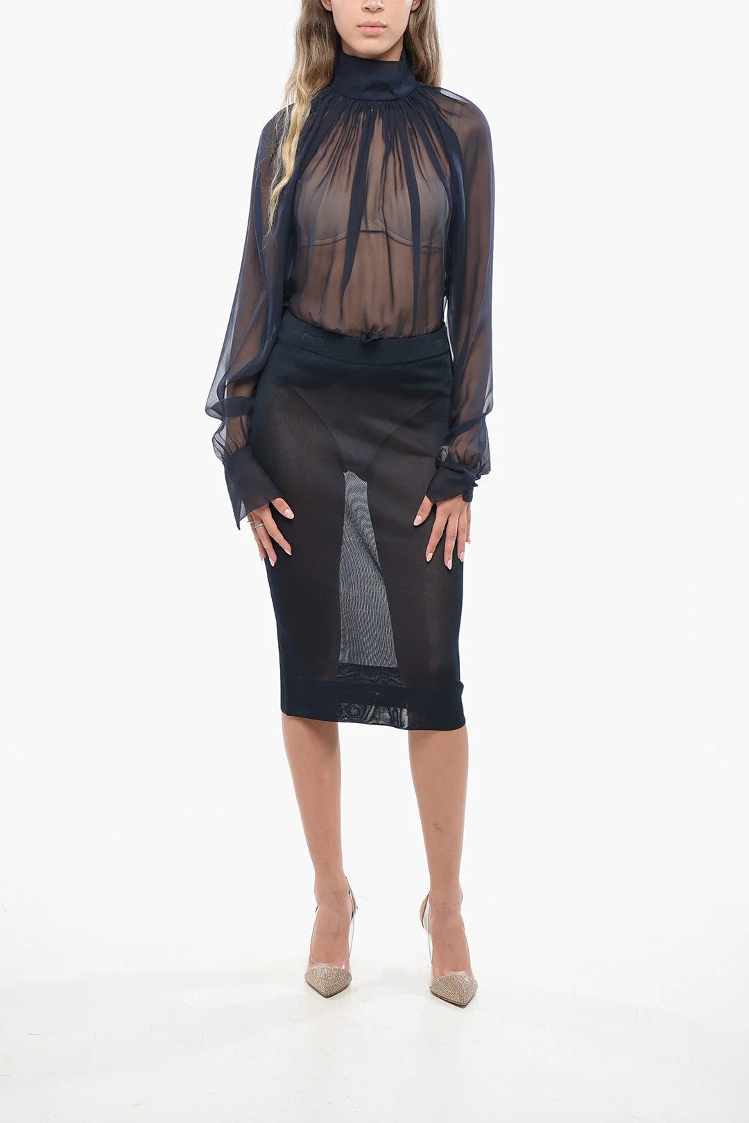 Saint Laurent Paris og1mm0326 Sheer Solid-Color Midi Skirt in Blue Size 30" / US 8 / IT 44 - 4 Thumbnail